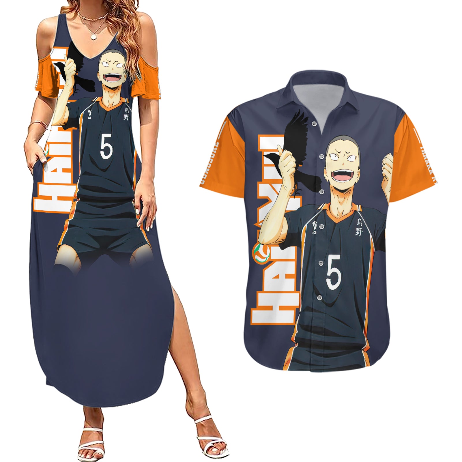 Karasuno Tanaka Couples Matching Summer Maxi Dress and Hawaiian Shirt Haikyu