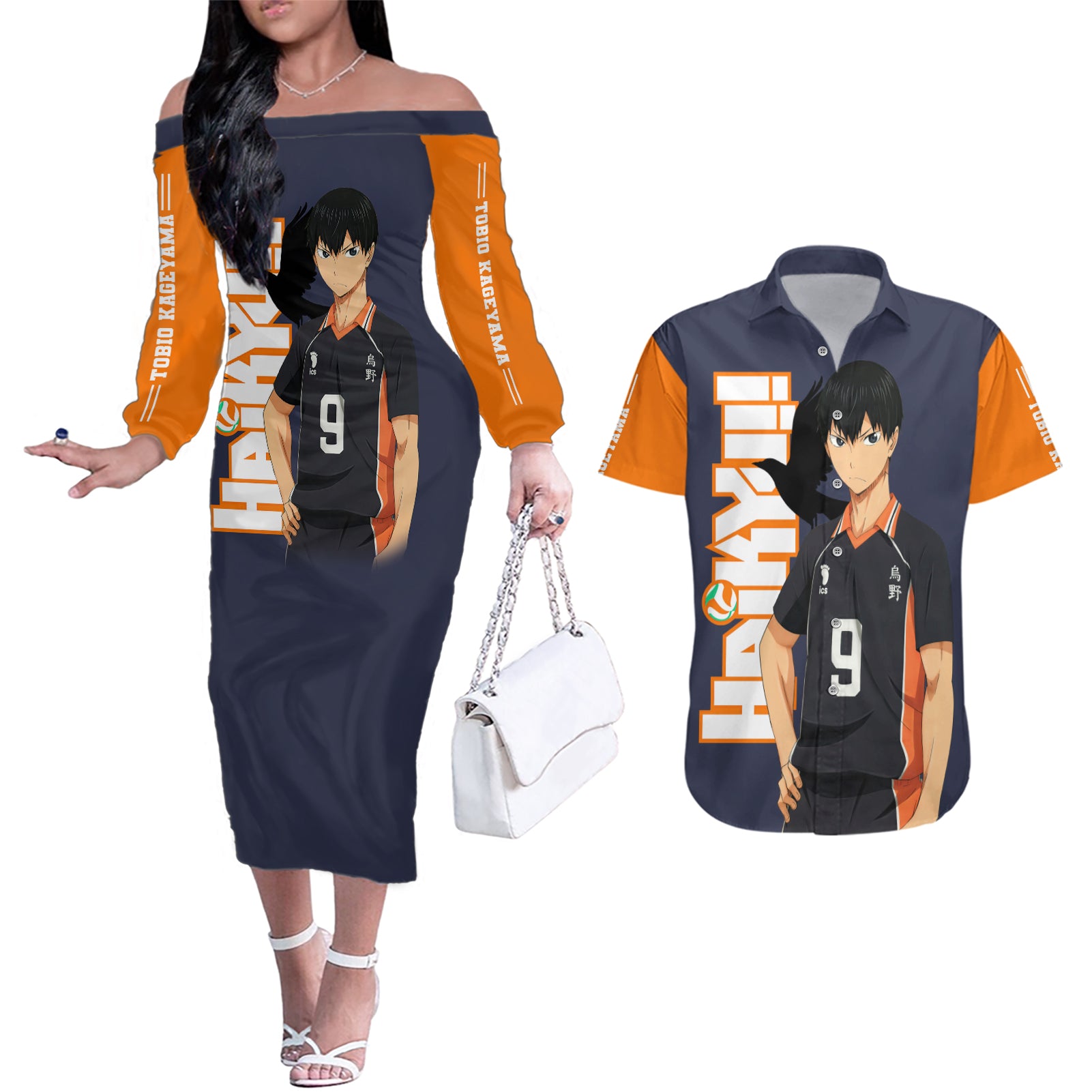 Karasuno Tobio Kageyama Couples Matching Off The Shoulder Long Sleeve Dress and Hawaiian Shirt Haikyu