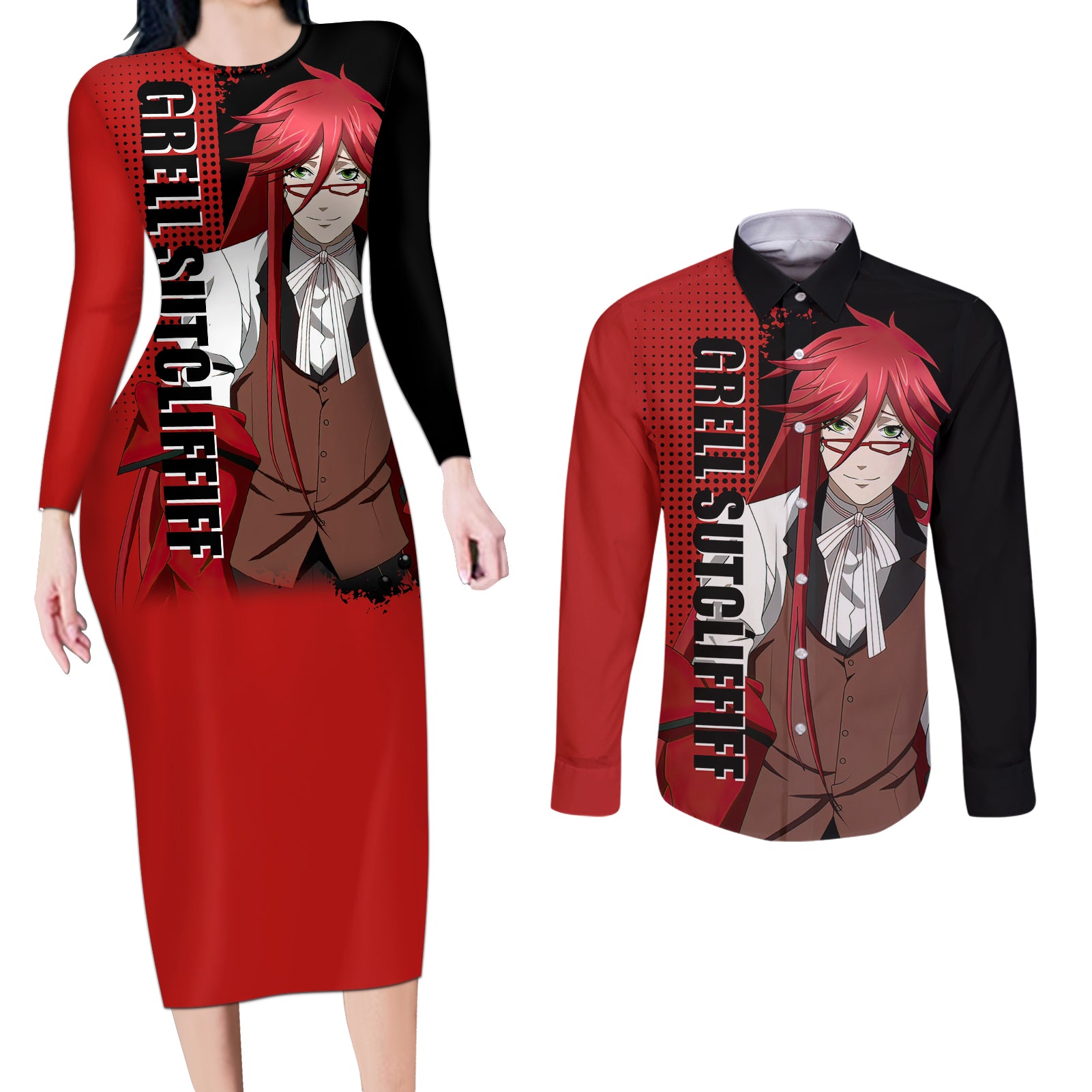 Grell Sutcliff Couples Matching Long Sleeve Bodycon Dress and Long Sleeve Button Shirt Black Butler