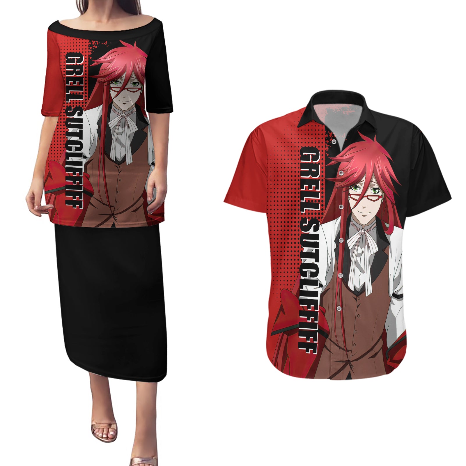 Grell Sutcliff Couples Matching Puletasi and Hawaiian Shirt Black Butler