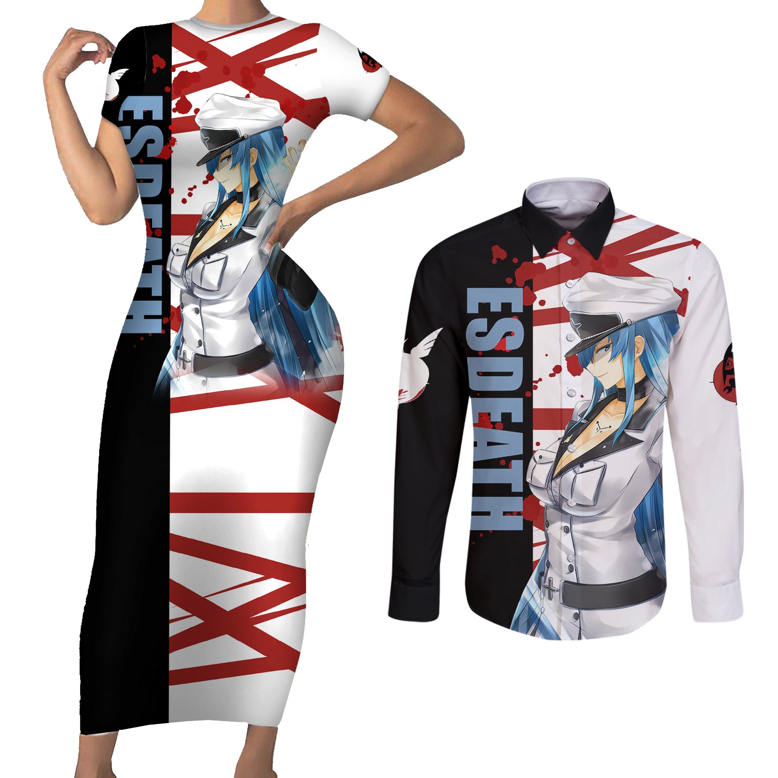 Esdeath Couples Matching Short Sleeve Bodycon Dress and Long Sleeve Button Shirt Akame Ga Kill