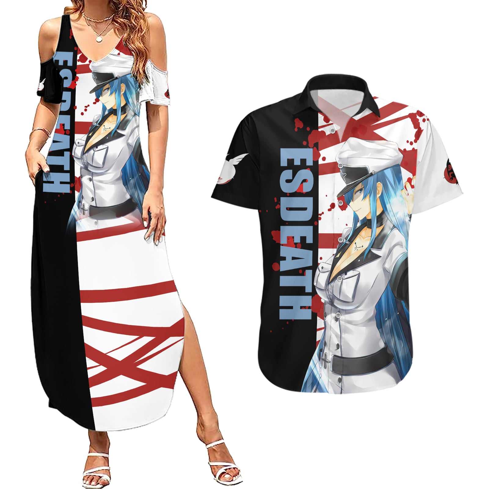 Esdeath Couples Matching Summer Maxi Dress and Hawaiian Shirt Akame Ga Kill