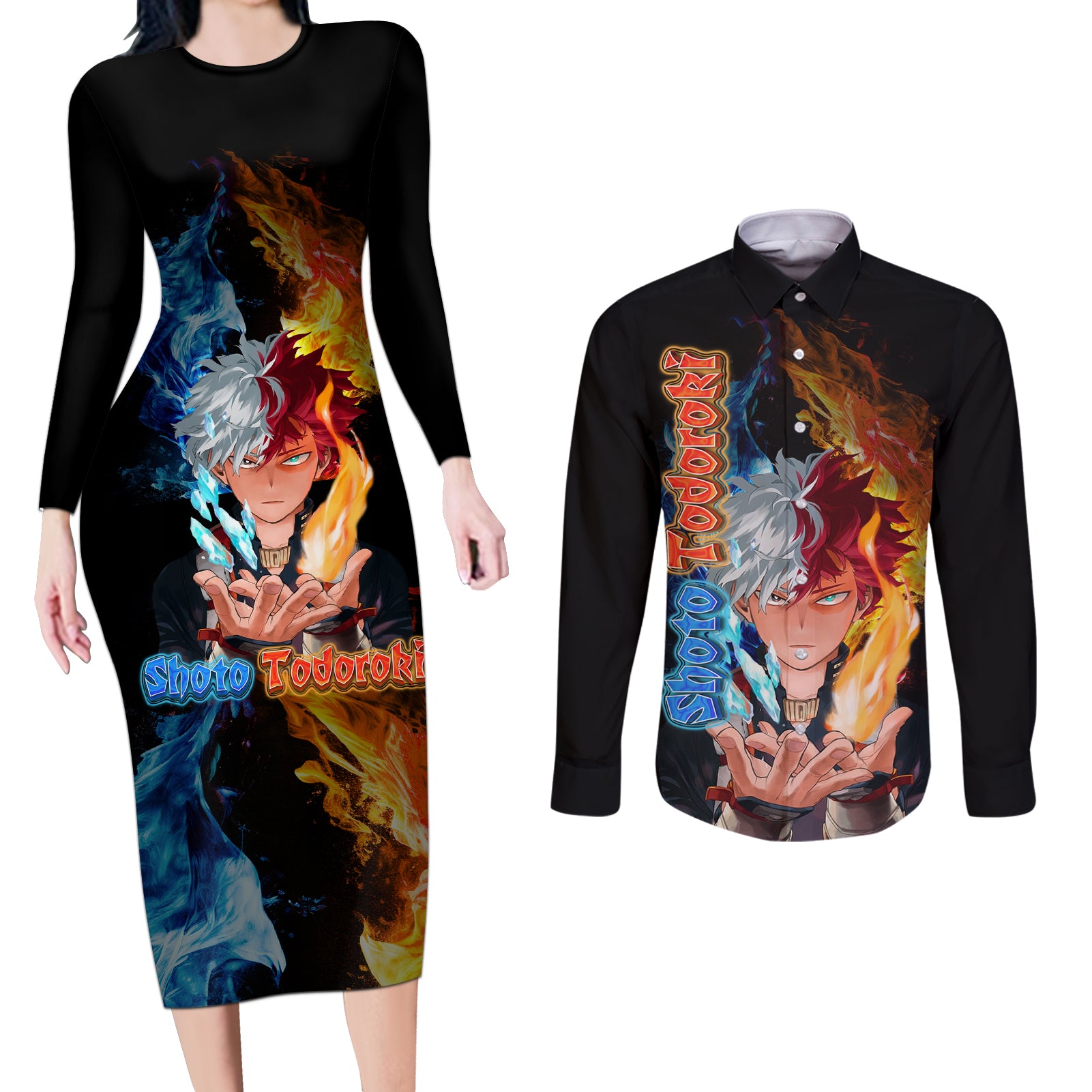 Shoto Todoroki - My Hero Academia Couples Matching Long Sleeve Bodycon Dress and Long Sleeve Button Shirt Anime Style