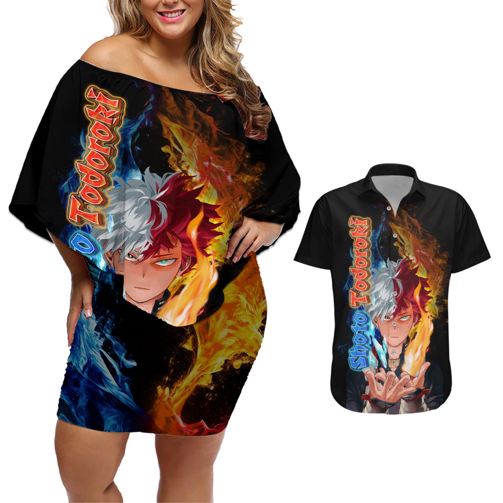 Shoto Todoroki - My Hero Academia Couples Matching Off Shoulder Short Dress and Hawaiian Shirt Anime Style