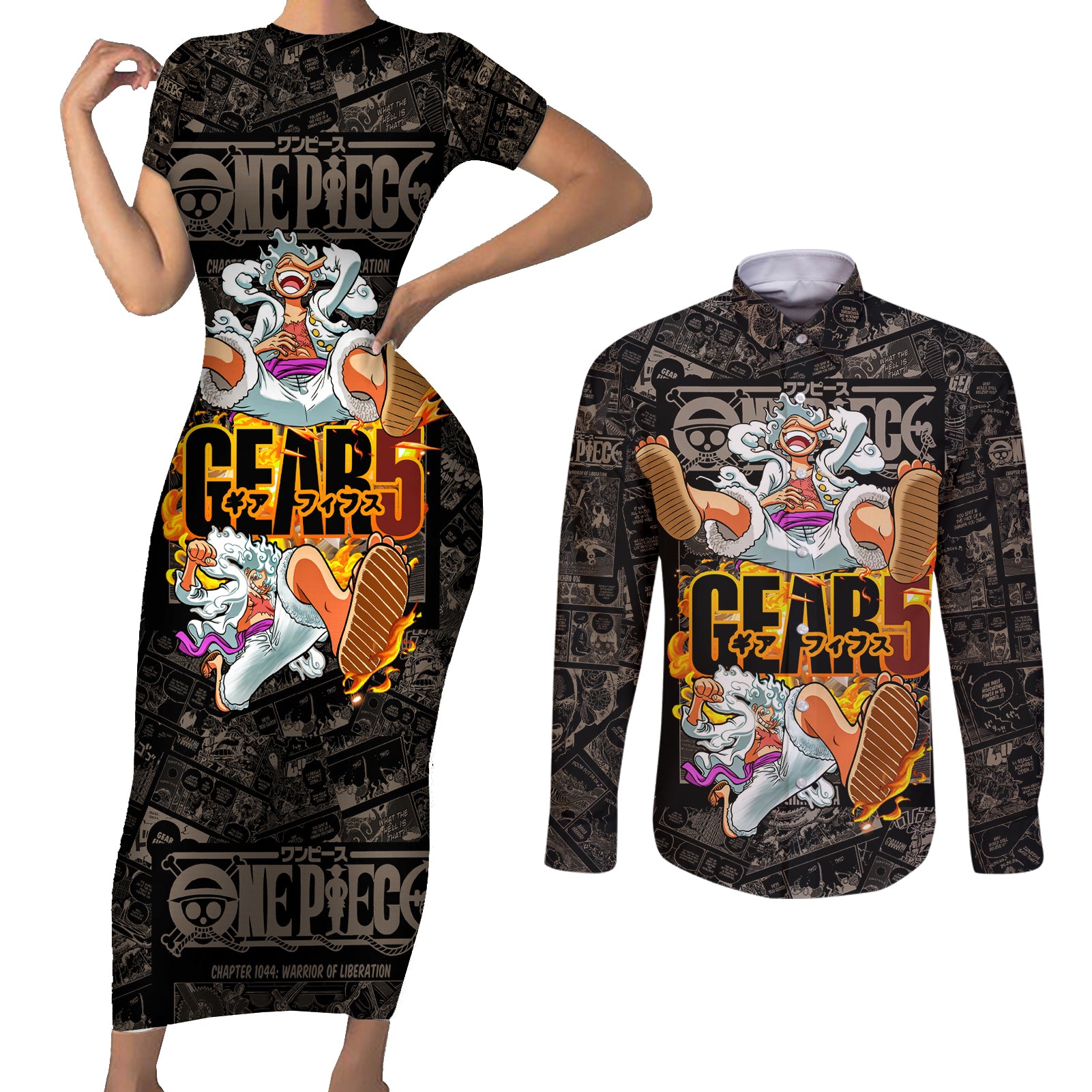 Luffy Gear 5 - One Piece Couples Matching Short Sleeve Bodycon Dress and Long Sleeve Button Shirt Anime Mix Manga Style