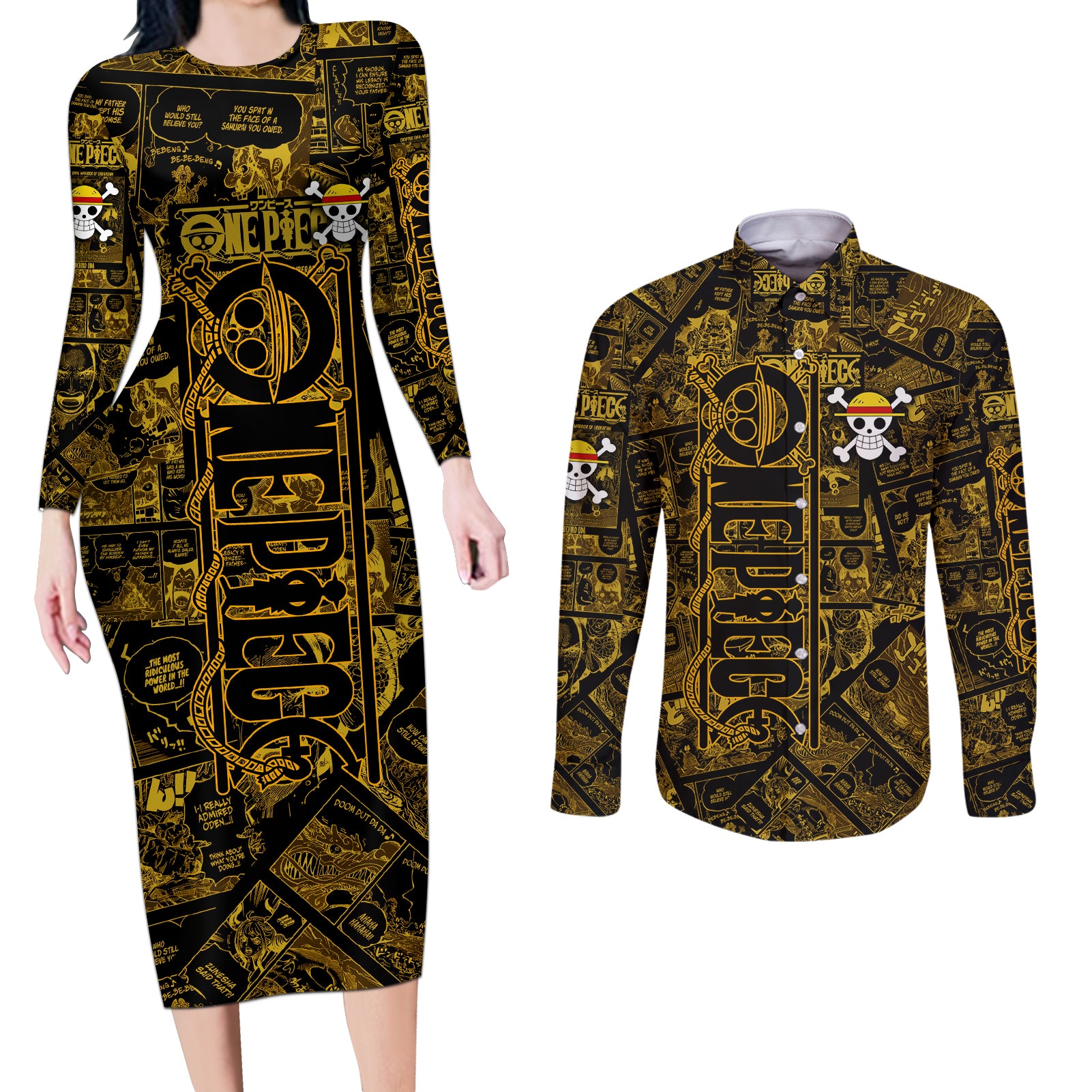 Luffy - Zoro - Sanji One Piece Couples Matching Long Sleeve Bodycon Dress and Long Sleeve Button Shirt Manga Style