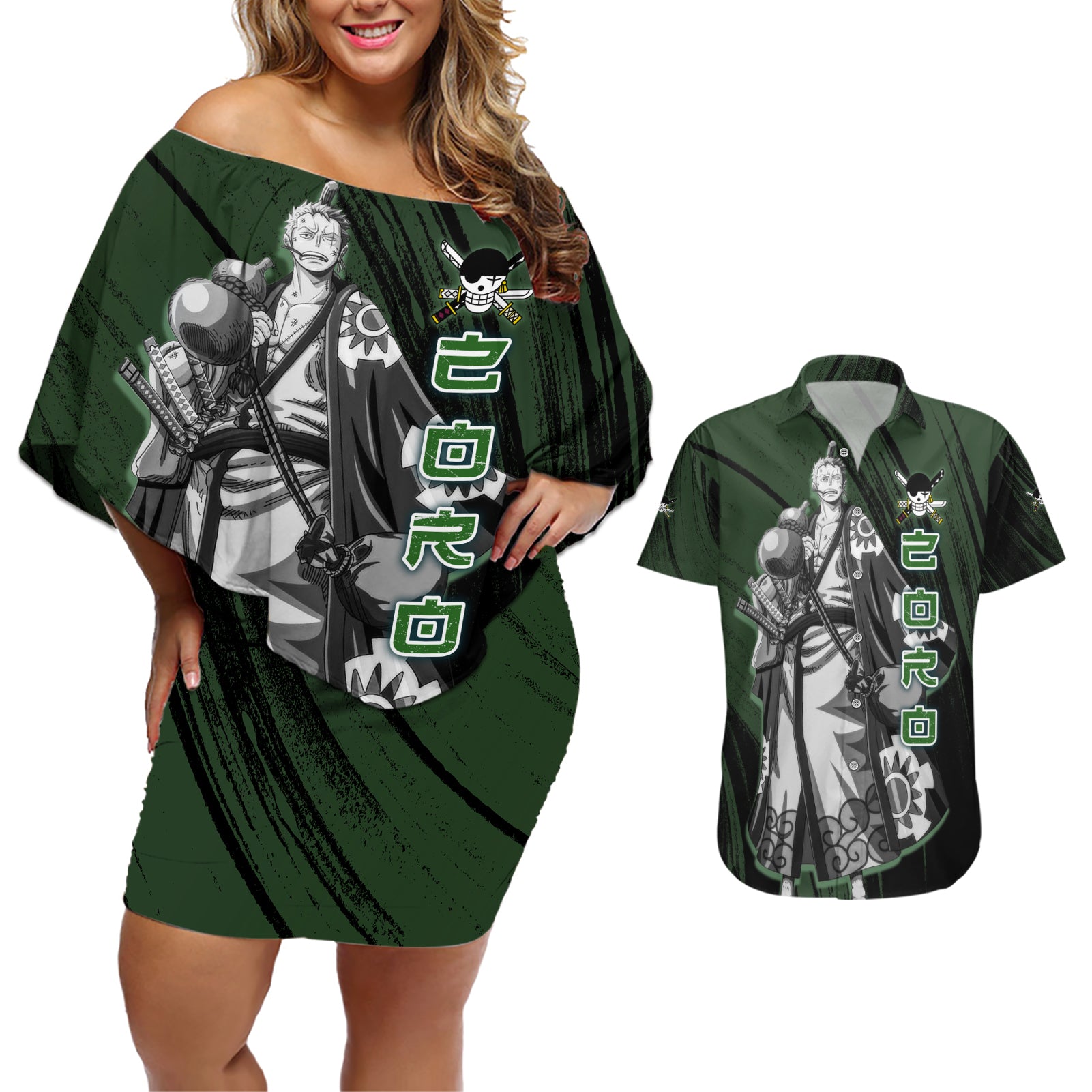 Wano Zoronoa Zoro - One Piece Couples Matching Off Shoulder Short Dress and Hawaiian Shirt Anime Style