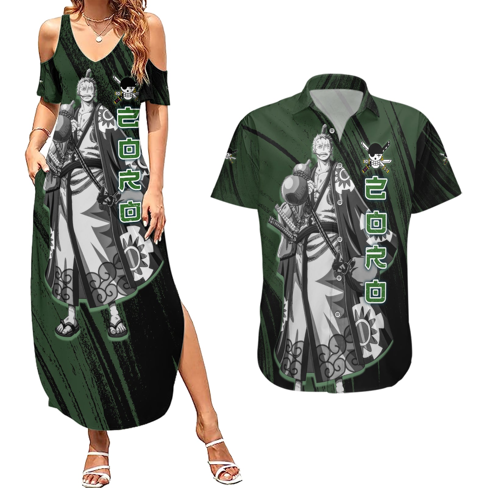 Wano Zoronoa Zoro - One Piece Couples Matching Summer Maxi Dress and Hawaiian Shirt Anime Style