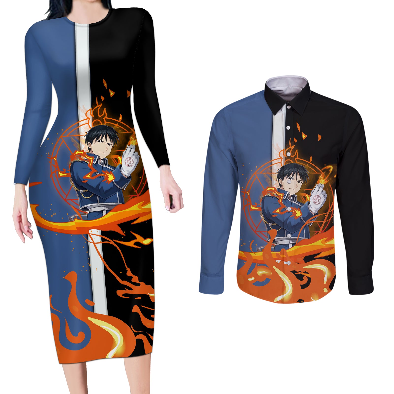 Mustang Roy Fulmetal Achemist Couples Matching Long Sleeve Bodycon Dress and Long Sleeve Button Shirt Anime Style