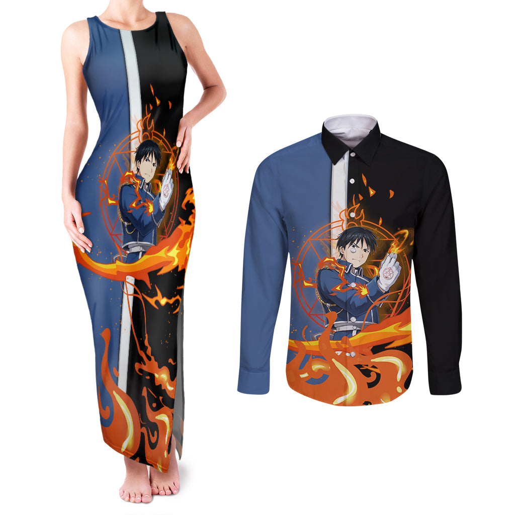 Mustang Roy Fulmetal Achemist Couples Matching Tank Maxi Dress and Long Sleeve Button Shirt Anime Style