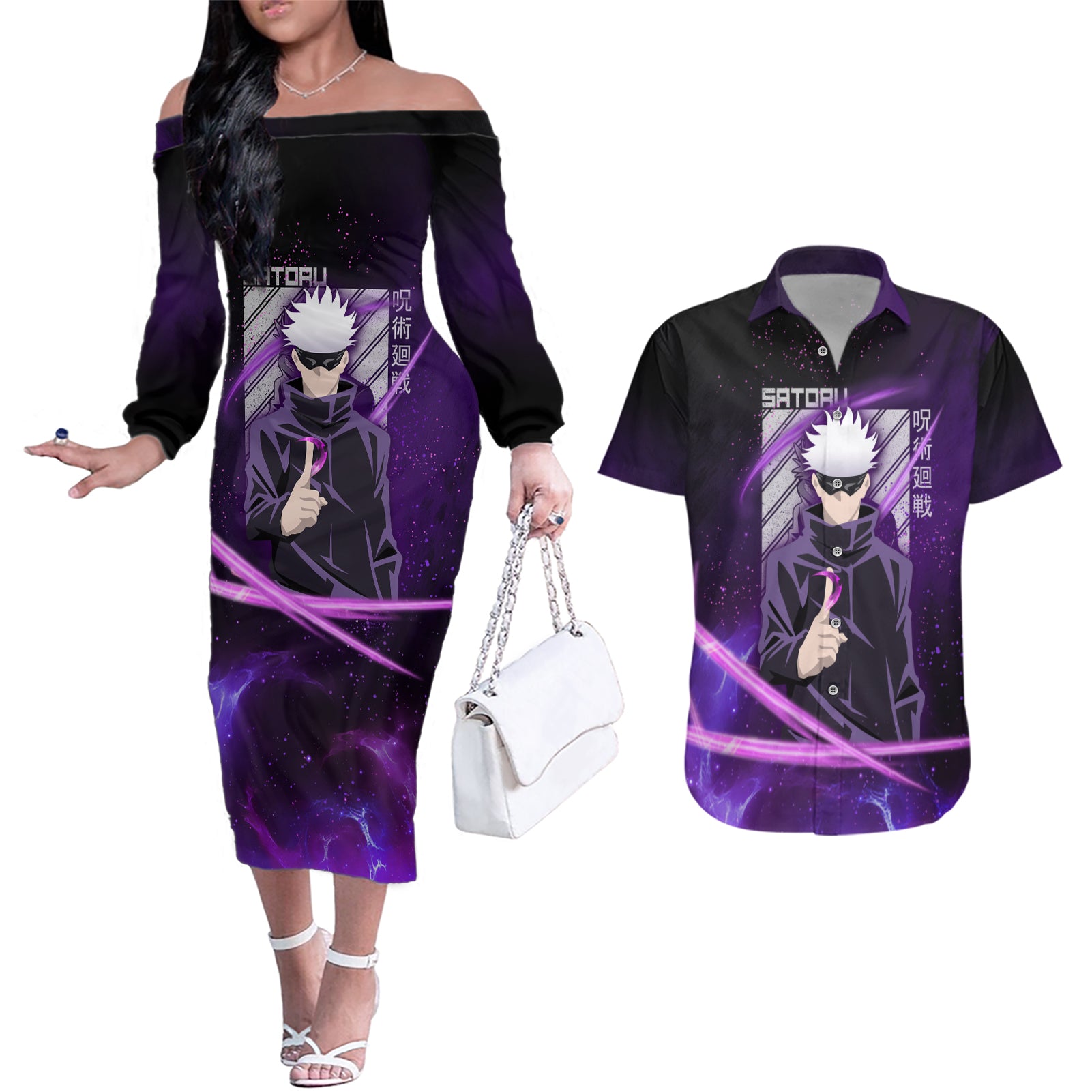 Gojo Satoru - Jujutsu Kaisen Couples Matching Off The Shoulder Long Sleeve Dress and Hawaiian Shirt Aura Anime Galaxy Style