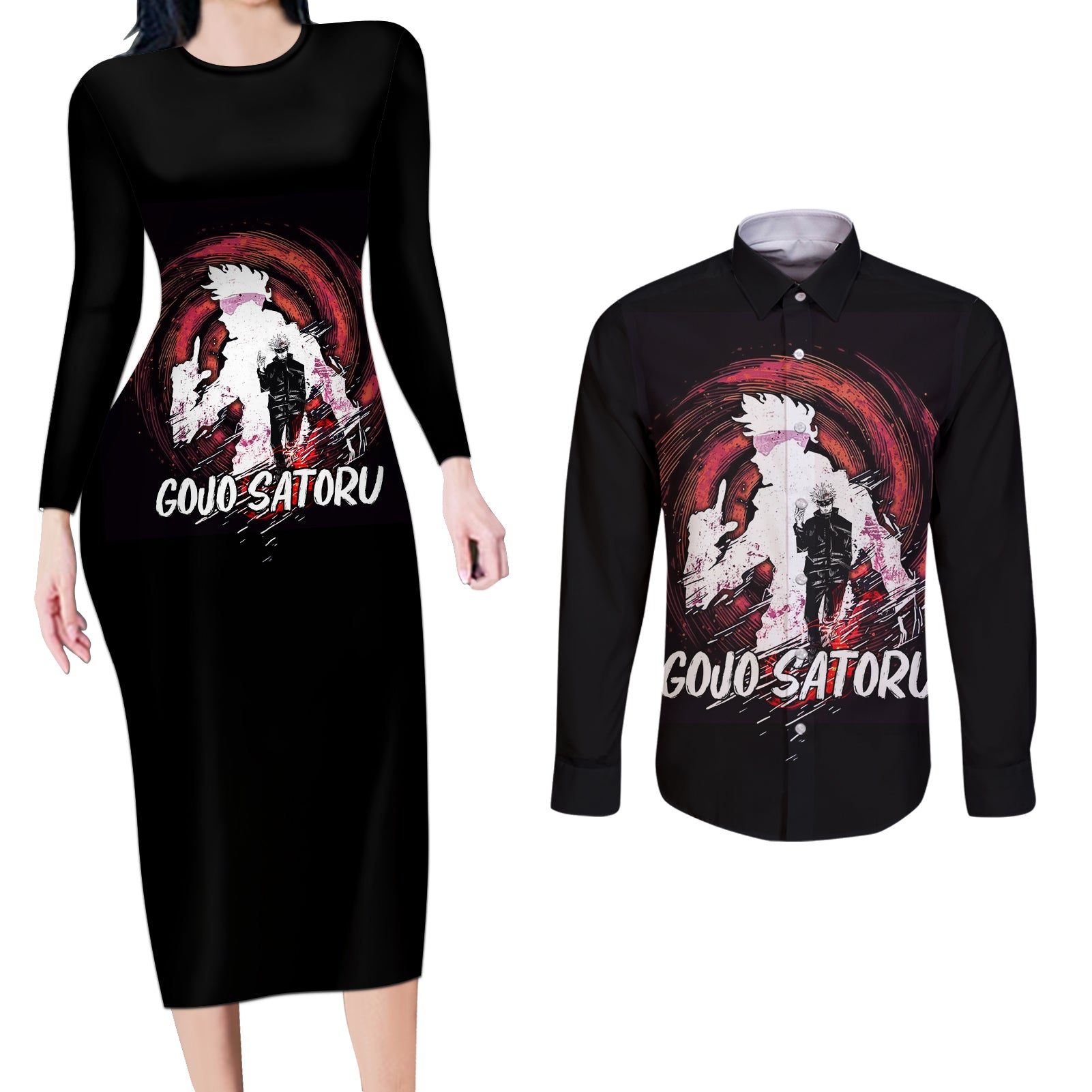 Gojo Satoru - Jujutsu Kaisen Couples Matching Long Sleeve Bodycon Dress and Long Sleeve Button Shirt Anime Mix Galaxy Style