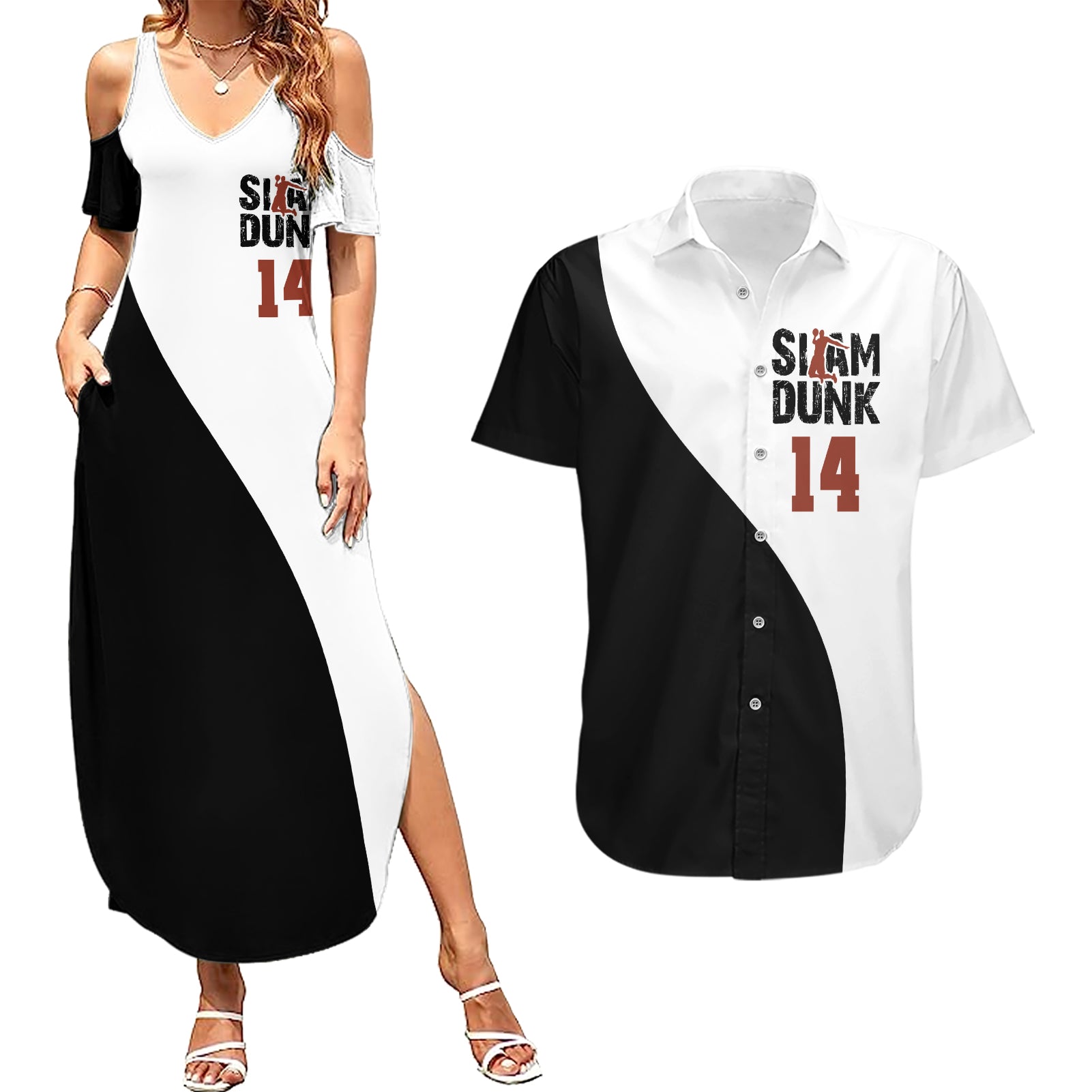 Hisashi Mitsui Number 14 - Slam Dunk Couples Matching Summer Maxi Dress and Hawaiian Shirt Anime Mix Black And White Style