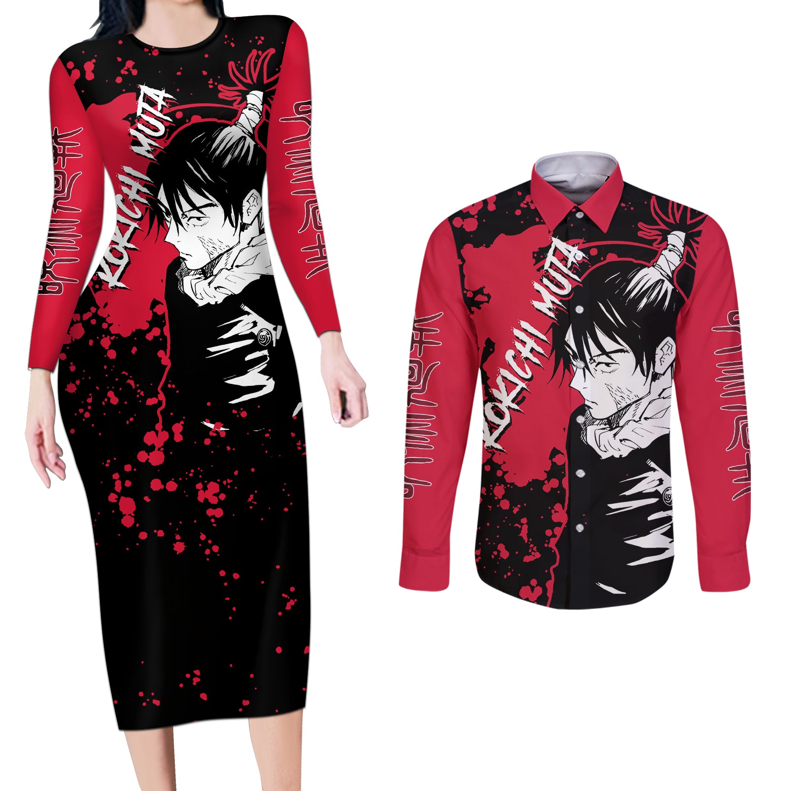 Kokichi Muta Jujutsu Kaisen Couples Matching Long Sleeve Bodycon Dress and Long Sleeve Button Shirt Manga Style Art