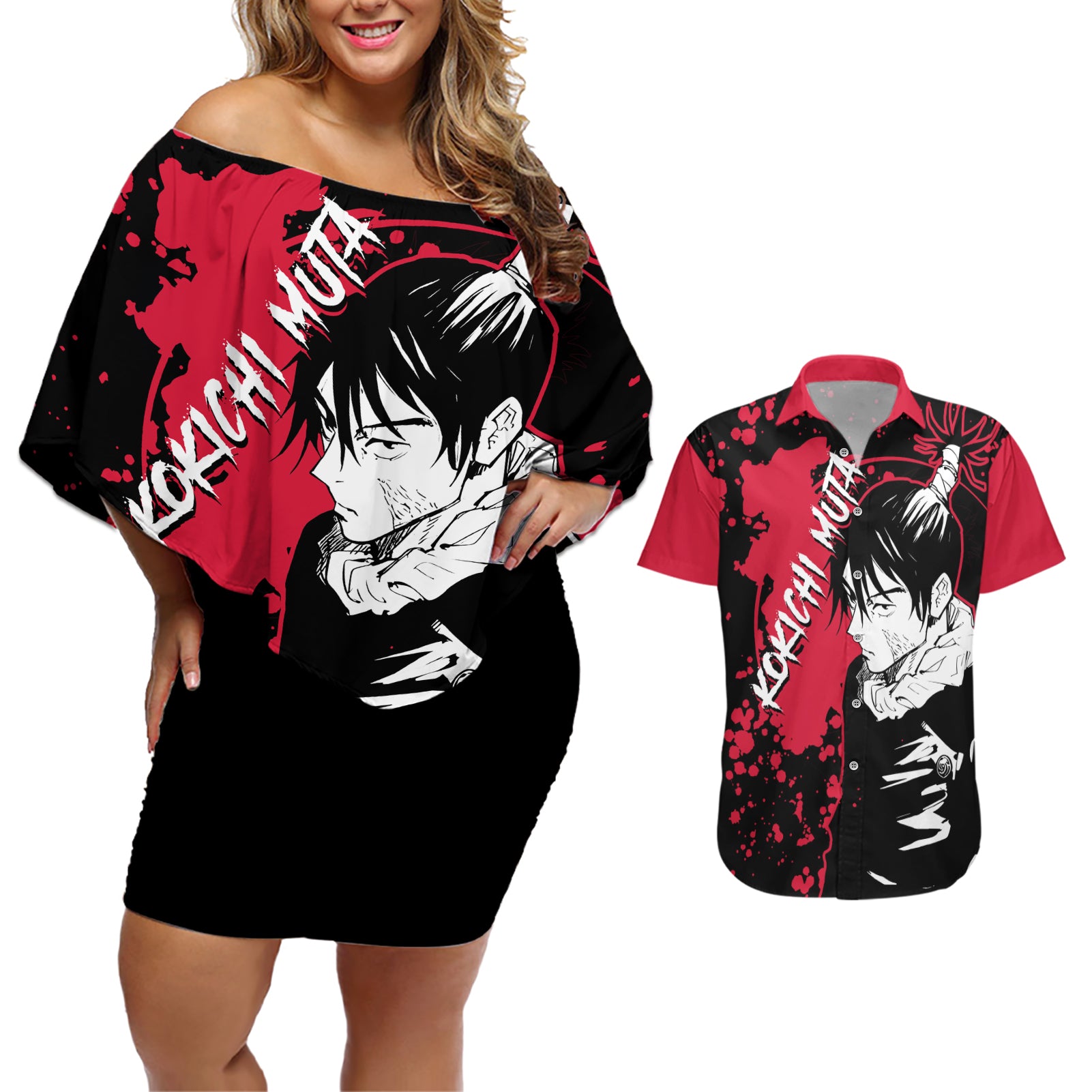 Kokichi Muta Jujutsu Kaisen Couples Matching Off Shoulder Short Dress and Hawaiian Shirt Manga Style Art