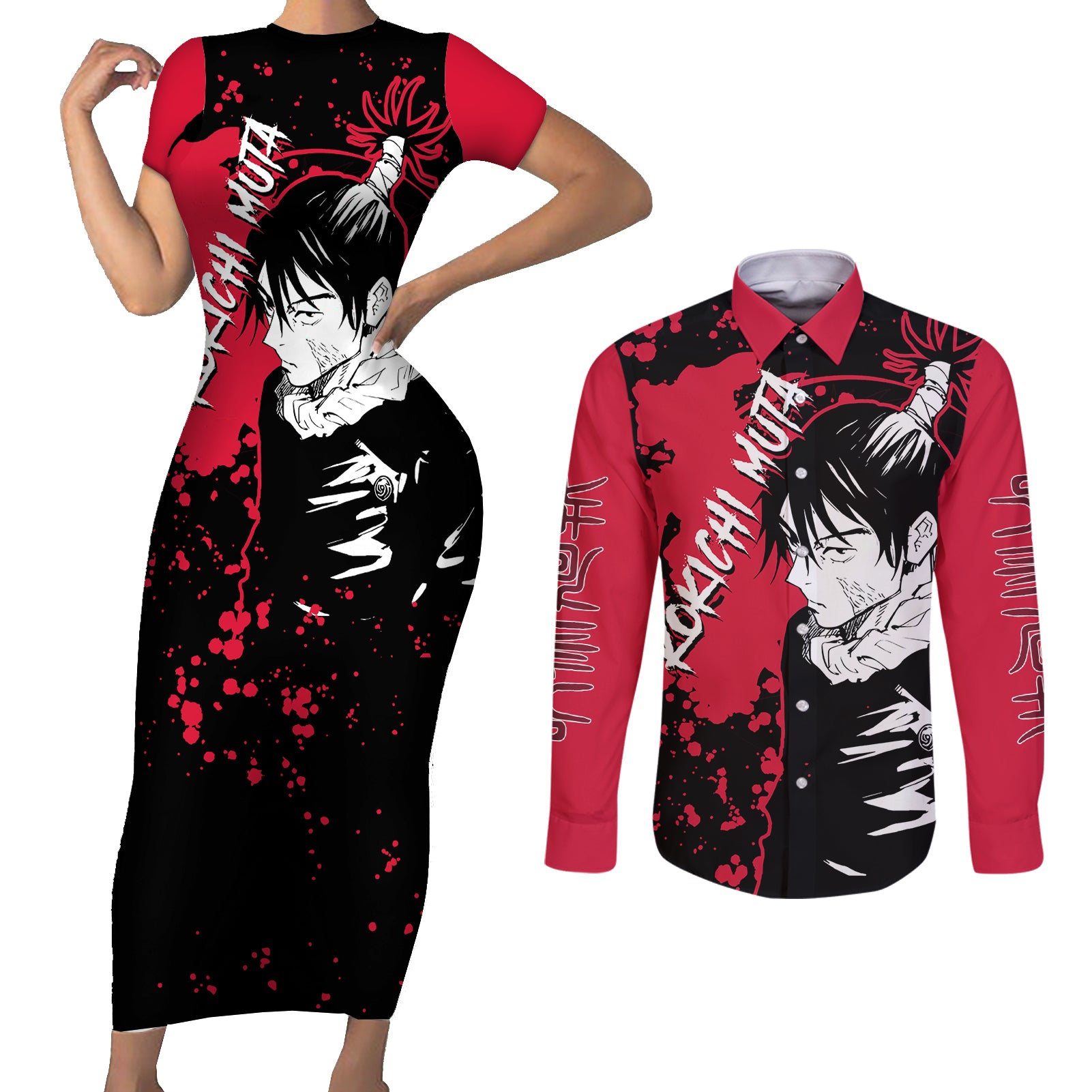 Kokichi Muta Jujutsu Kaisen Couples Matching Short Sleeve Bodycon Dress and Long Sleeve Button Shirt Manga Style Art