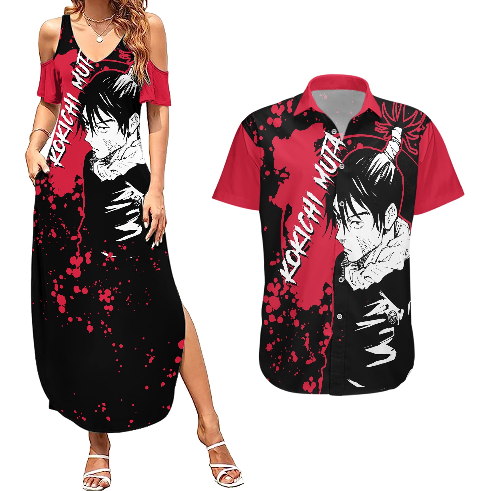 Kokichi Muta Jujutsu Kaisen Couples Matching Summer Maxi Dress and Hawaiian Shirt Manga Style Art