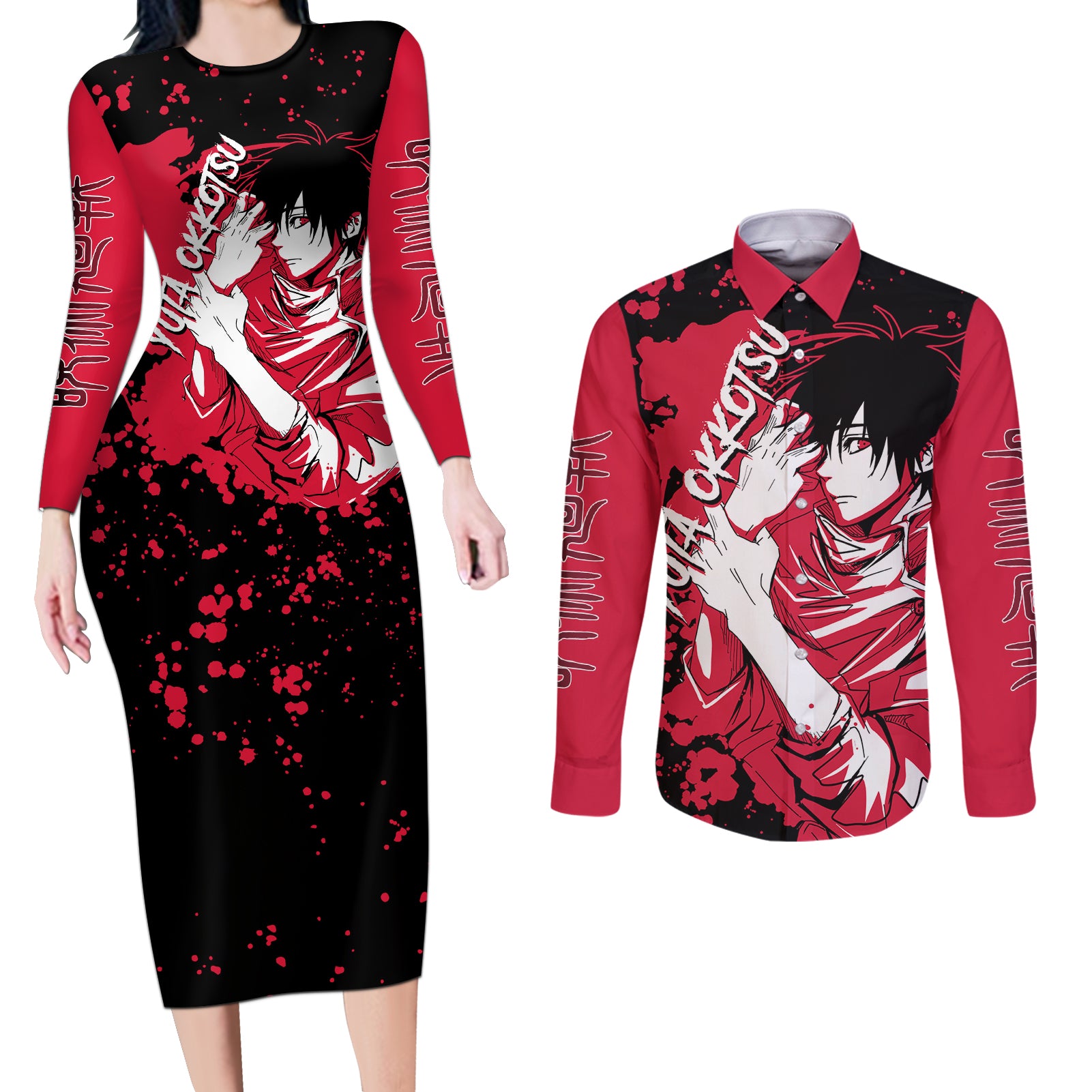 Yuta Okkotsu Jujutsu Kaisen Couples Matching Long Sleeve Bodycon Dress and Long Sleeve Button Shirt Manga Style Art