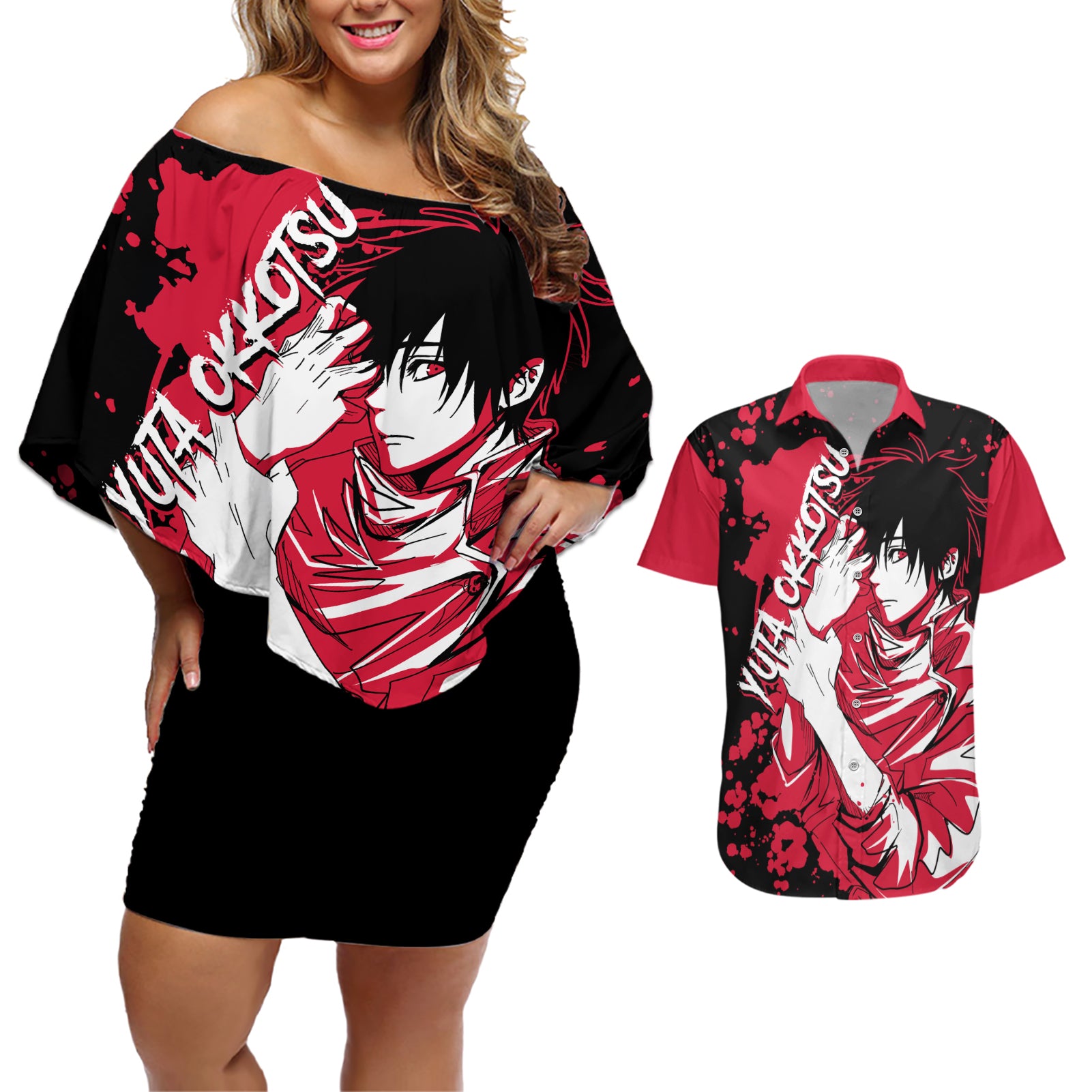 Yuta Okkotsu Jujutsu Kaisen Couples Matching Off Shoulder Short Dress and Hawaiian Shirt Manga Style Art