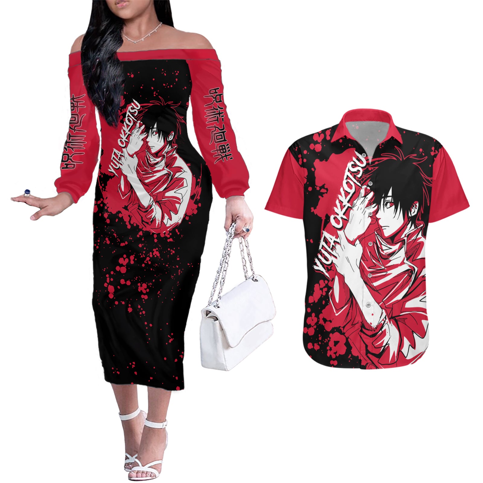 Yuta Okkotsu Jujutsu Kaisen Couples Matching Off The Shoulder Long Sleeve Dress and Hawaiian Shirt Manga Style Art