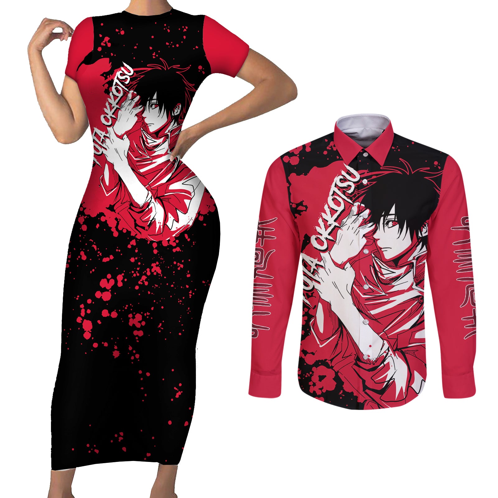 Yuta Okkotsu Jujutsu Kaisen Couples Matching Short Sleeve Bodycon Dress and Long Sleeve Button Shirt Manga Style Art