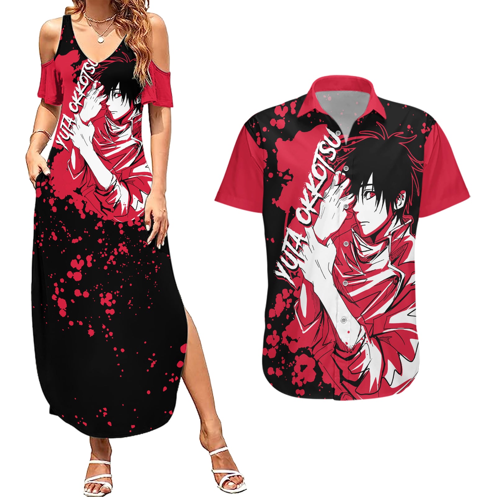 Yuta Okkotsu Jujutsu Kaisen Couples Matching Summer Maxi Dress and Hawaiian Shirt Manga Style Art