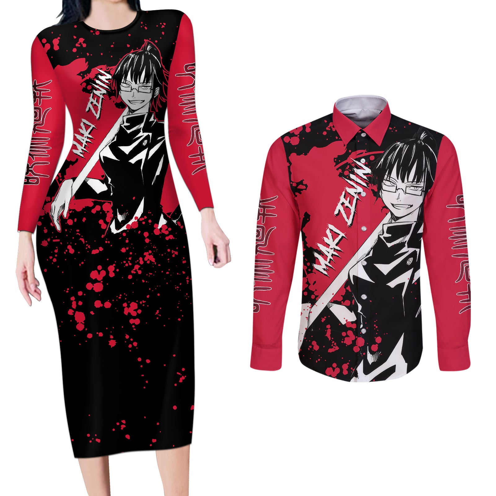 Maki Zenin Jujutsu Kaisen Couples Matching Long Sleeve Bodycon Dress and Long Sleeve Button Shirt Manga Style Art