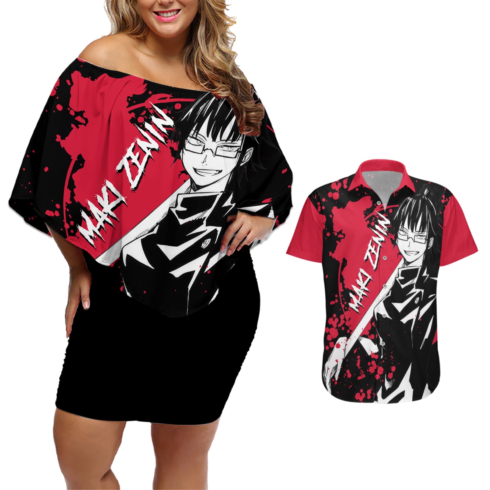 Maki Zenin Jujutsu Kaisen Couples Matching Off Shoulder Short Dress and Hawaiian Shirt Manga Style Art