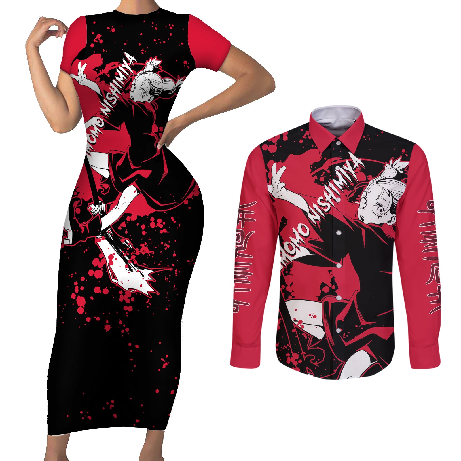 Momo Nishimiya Jujutsu Kaisen Couples Matching Short Sleeve Bodycon Dress and Long Sleeve Button Shirt Manga Style Art