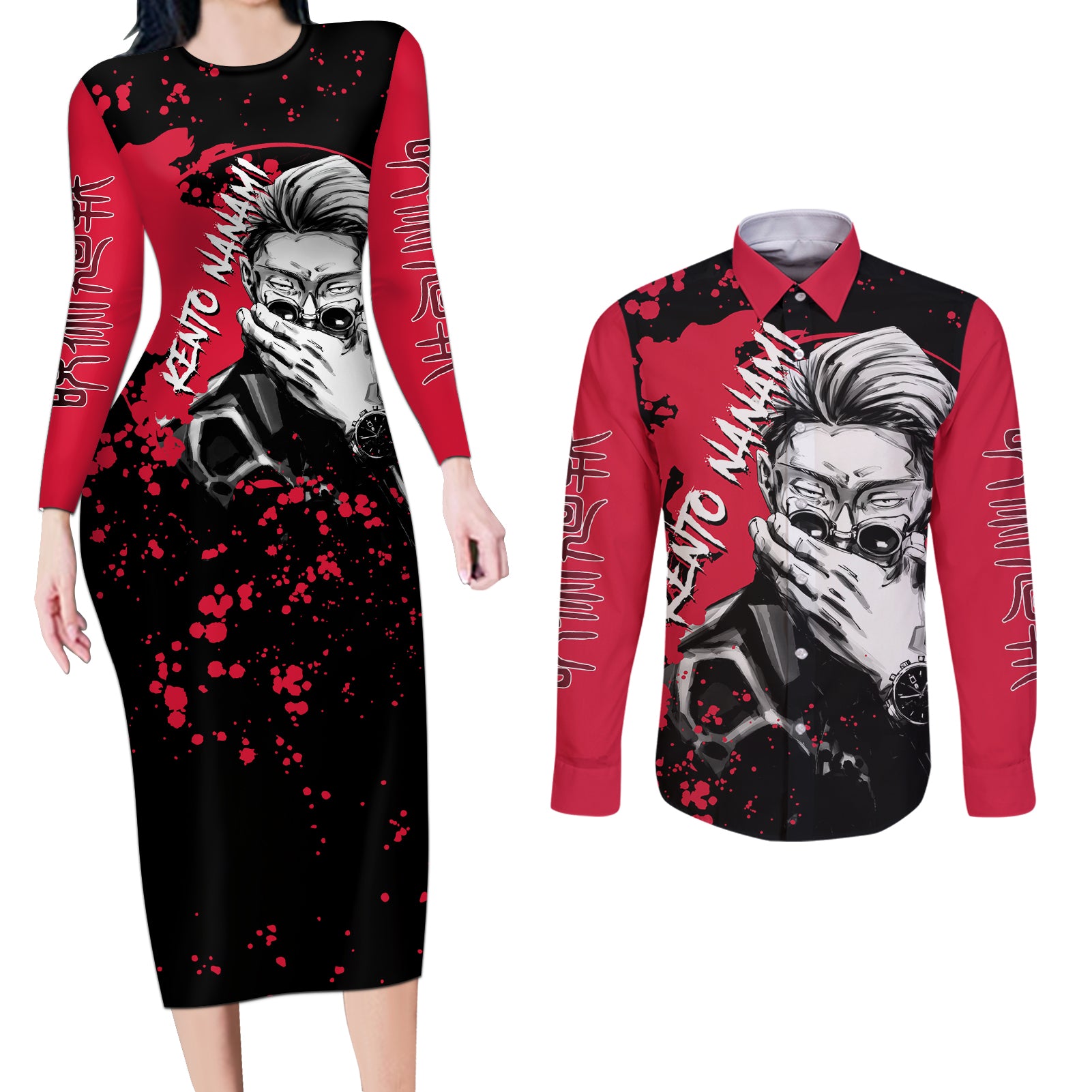 Kento Nanami Jujutsu Kaisen Couples Matching Long Sleeve Bodycon Dress and Long Sleeve Button Shirt Manga Style Art