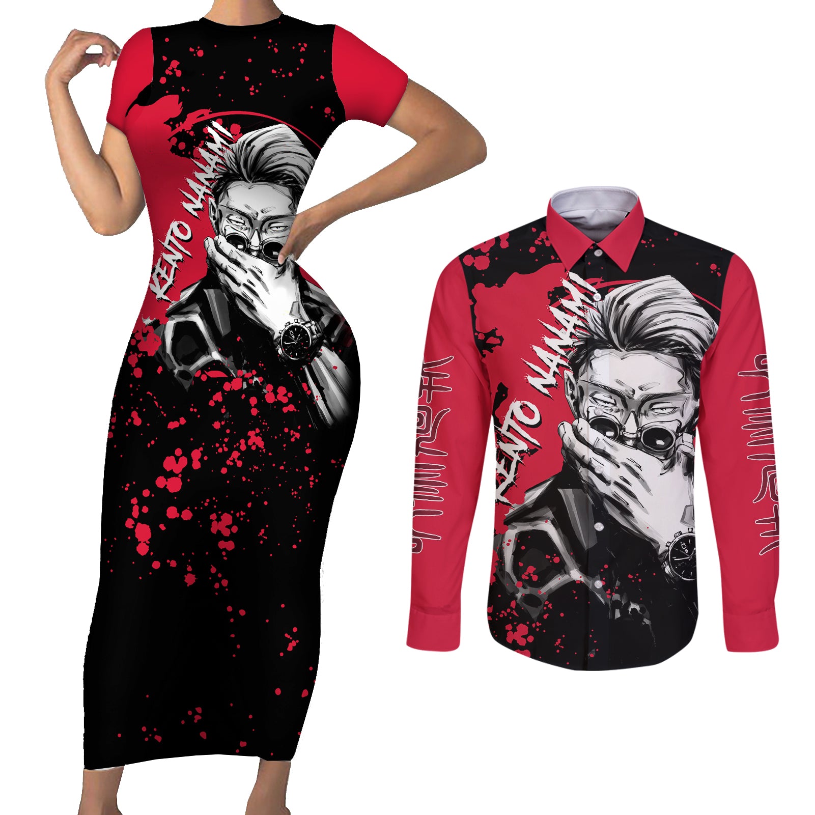 Kento Nanami Jujutsu Kaisen Couples Matching Short Sleeve Bodycon Dress and Long Sleeve Button Shirt Manga Style Art