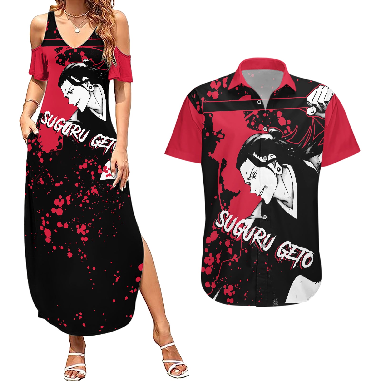 Suguru Geto Jujutsu Kaisen Couples Matching Summer Maxi Dress and Hawaiian Shirt Manga Style Art