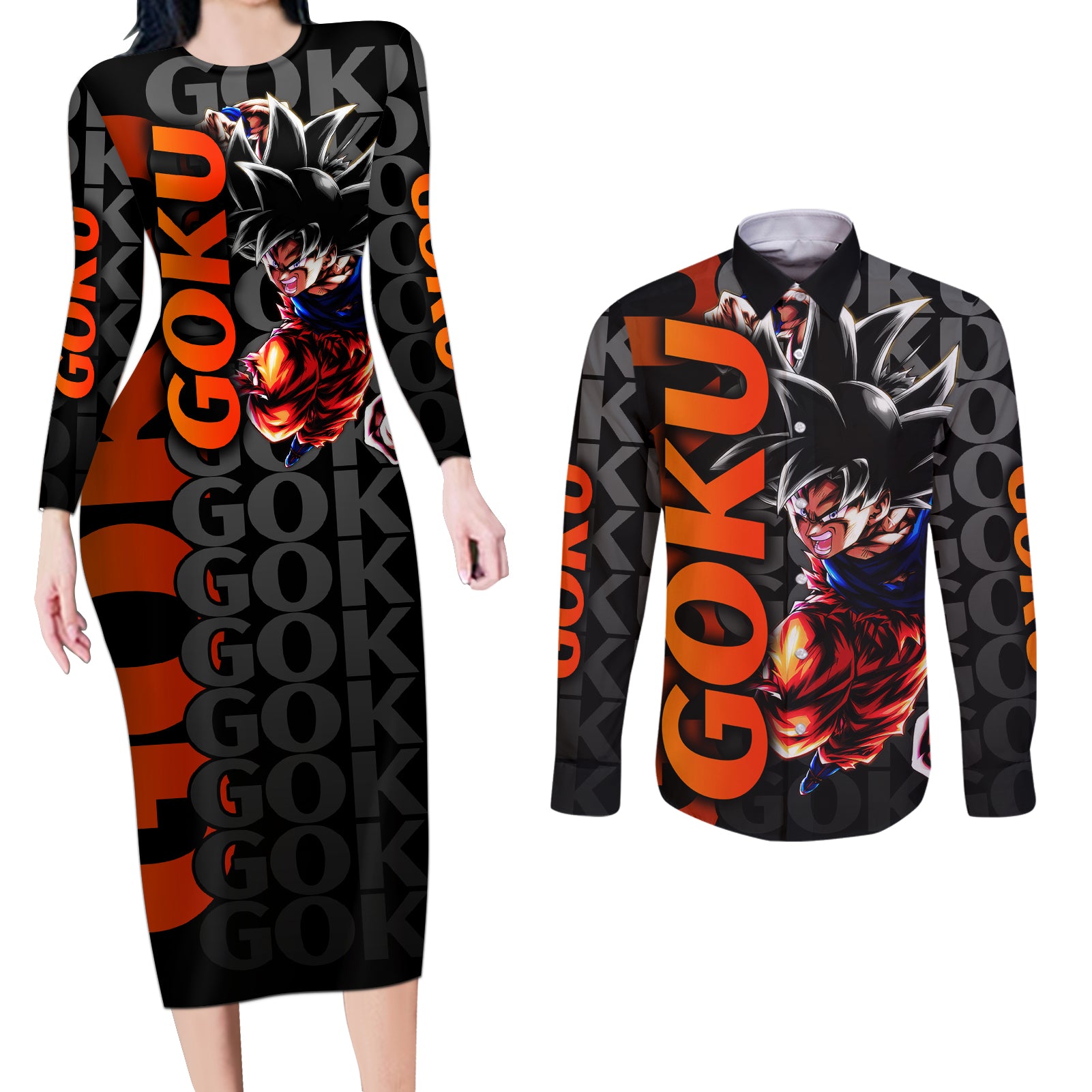 Goku Dragon Ball Couples Matching Long Sleeve Bodycon Dress and Long Sleeve Button Shirt Anime Mix Text Pattern Abstract Style