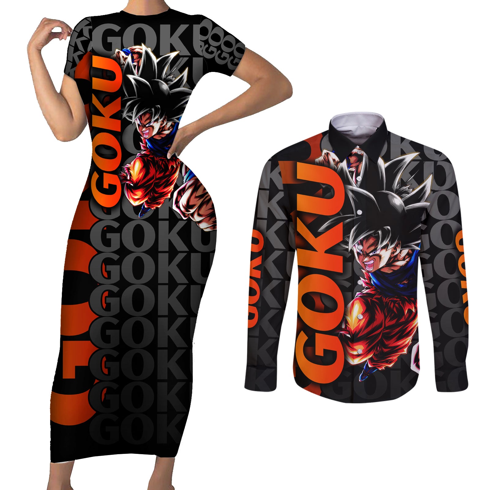 Goku Dragon Ball Couples Matching Short Sleeve Bodycon Dress and Long Sleeve Button Shirt Anime Mix Text Pattern Abstract Style