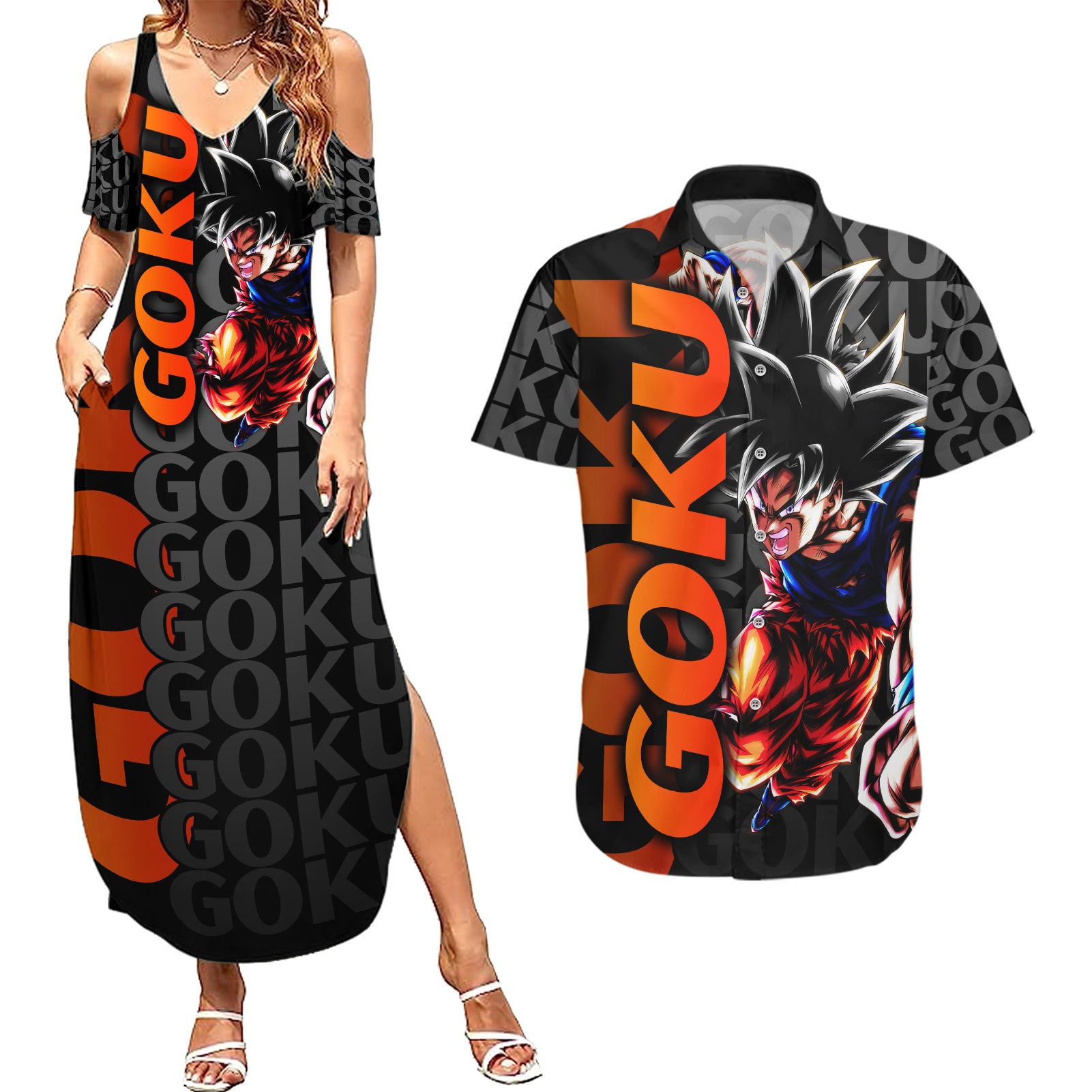 Goku Dragon Ball Couples Matching Summer Maxi Dress and Hawaiian Shirt Anime Mix Text Pattern Abstract Style