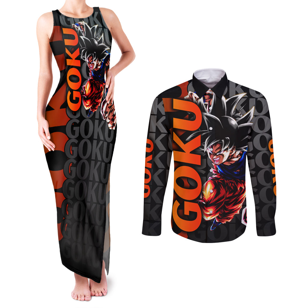 Goku Dragon Ball Couples Matching Tank Maxi Dress and Long Sleeve Button Shirt Anime Mix Text Pattern Abstract Style