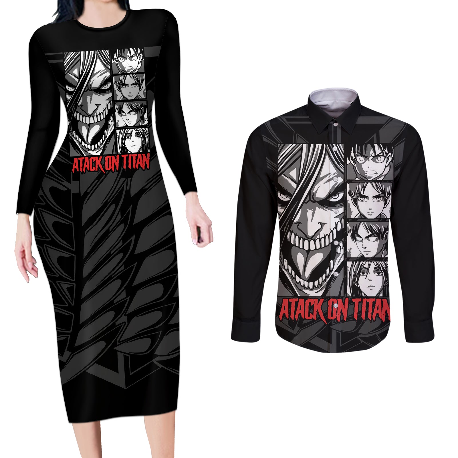 Atack On Titan Character Couples Matching Long Sleeve Bodycon Dress and Long Sleeve Button Shirt Anime Mix Manga Style