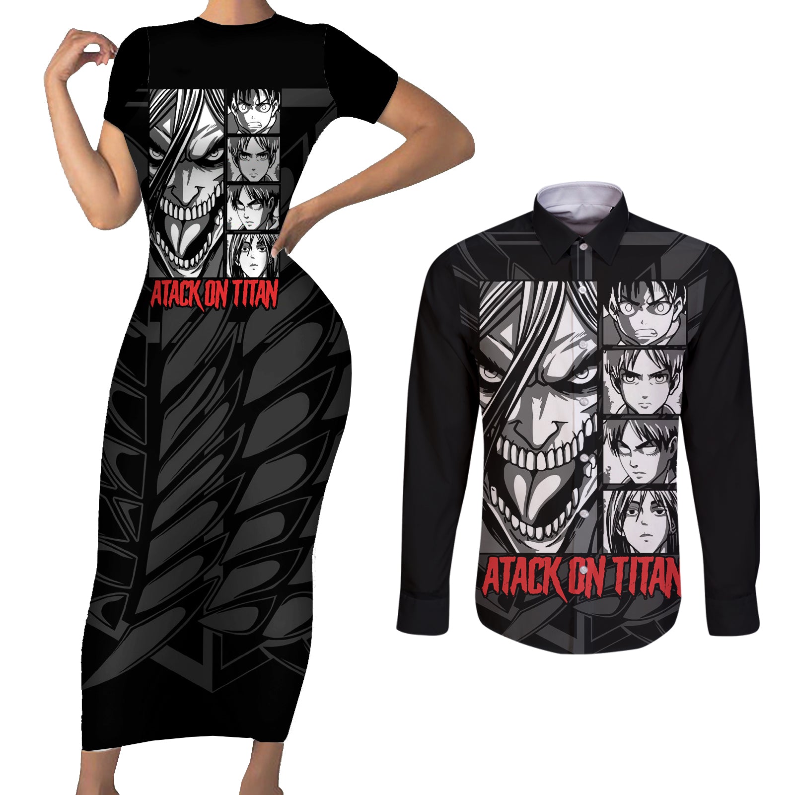 Atack On Titan Character Couples Matching Short Sleeve Bodycon Dress and Long Sleeve Button Shirt Anime Mix Manga Style