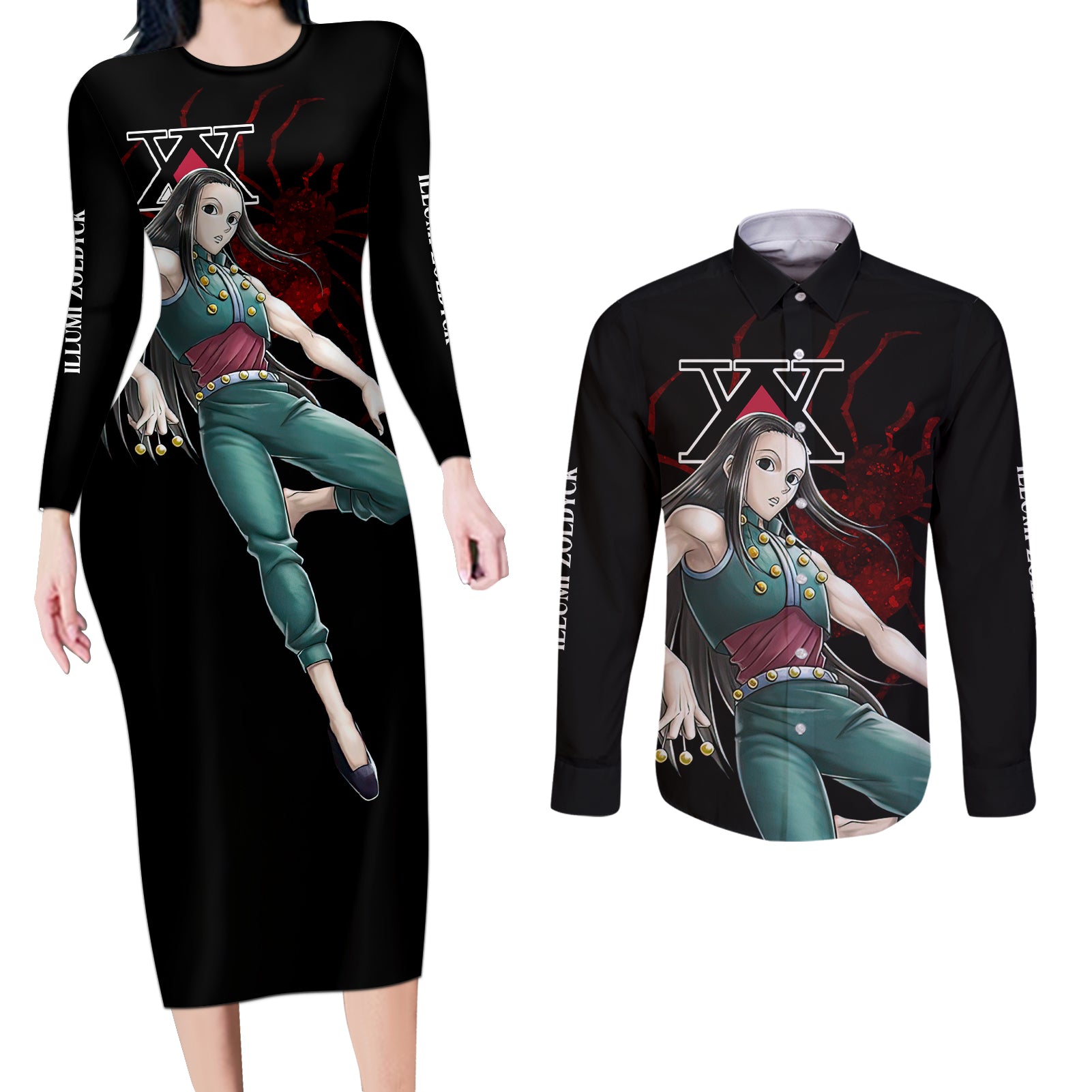 Illumi Zoldyck Phantom Troupe Hunter X Hunter Couples Matching Long Sleeve Bodycon Dress and Long Sleeve Button Shirt Anime Style