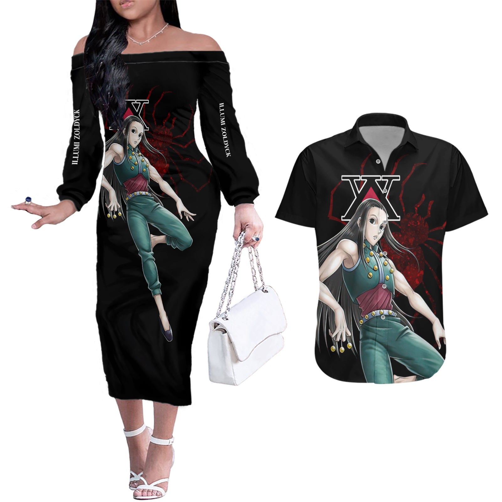 Illumi Zoldyck Phantom Troupe Hunter X Hunter Couples Matching Off The Shoulder Long Sleeve Dress and Hawaiian Shirt Anime Style