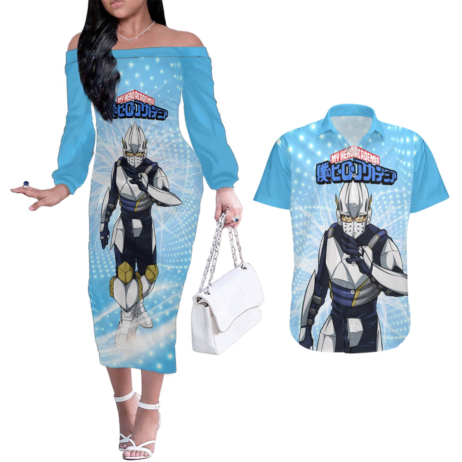 Tenya Lida - My Hero Academia Couples Matching Off The Shoulder Long Sleeve Dress and Hawaiian Shirt Anime Style