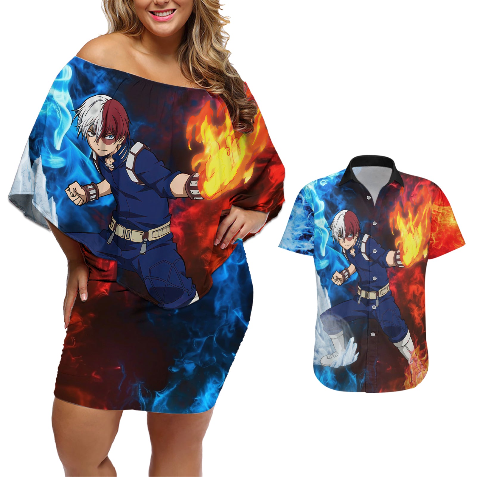 Shoto Todoroki - My Hero Academia Couples Matching Off Shoulder Short Dress and Hawaiian Shirt Anime Style