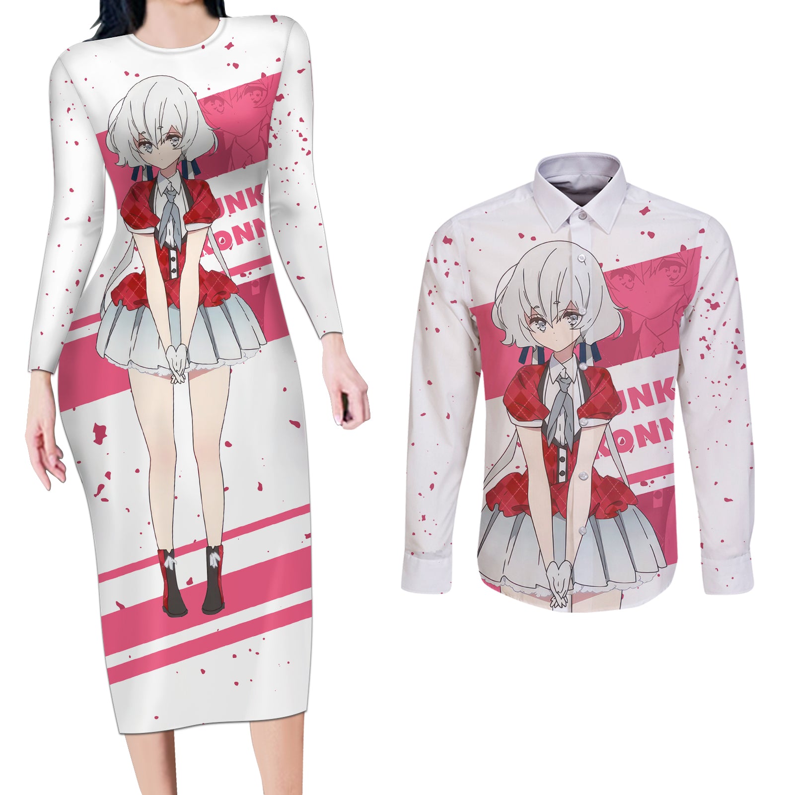 Zombie Land Saga Junko Konno Couples Matching Long Sleeve Bodycon Dress and Long Sleeve Button Shirt Anime Style