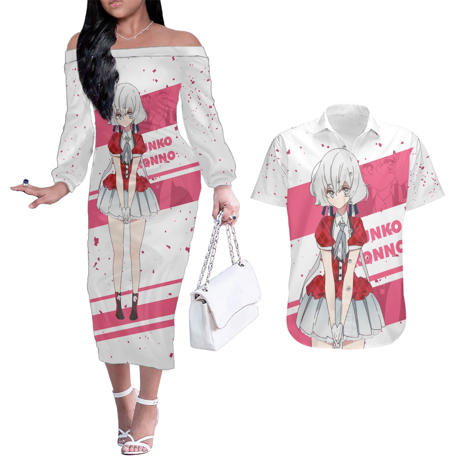 Zombie Land Saga Junko Konno Couples Matching Off The Shoulder Long Sleeve Dress and Hawaiian Shirt Anime Style