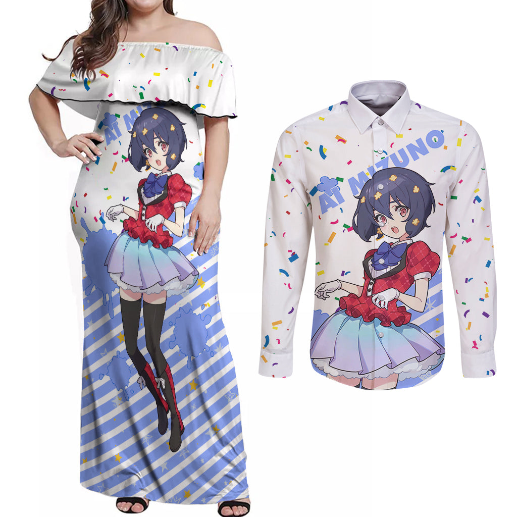 Zombie Land Saga Ai Mizuno Couples Matching Off Shoulder Maxi Dress and Long Sleeve Button Shirt Anime Style