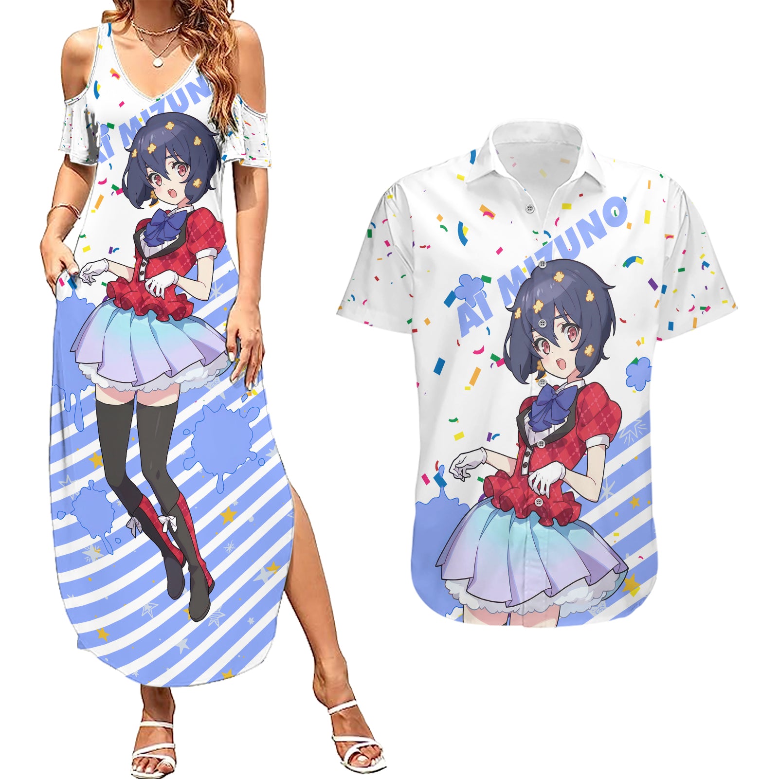 Zombie Land Saga Ai Mizuno Couples Matching Summer Maxi Dress and Hawaiian Shirt Anime Style