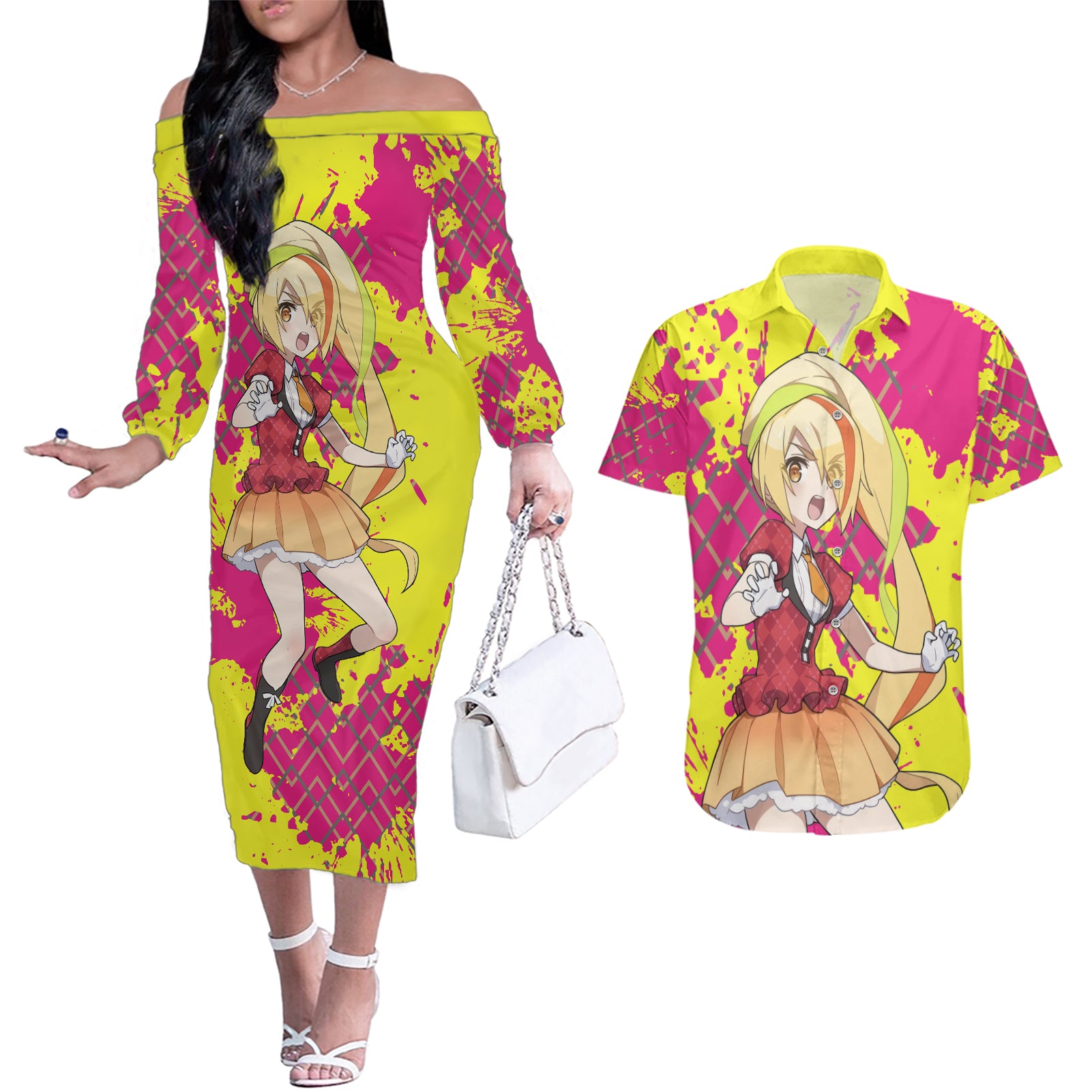 Zombie Land Saga Saki Nikaido Couples Matching Off The Shoulder Long Sleeve Dress and Hawaiian Shirt Anime Style