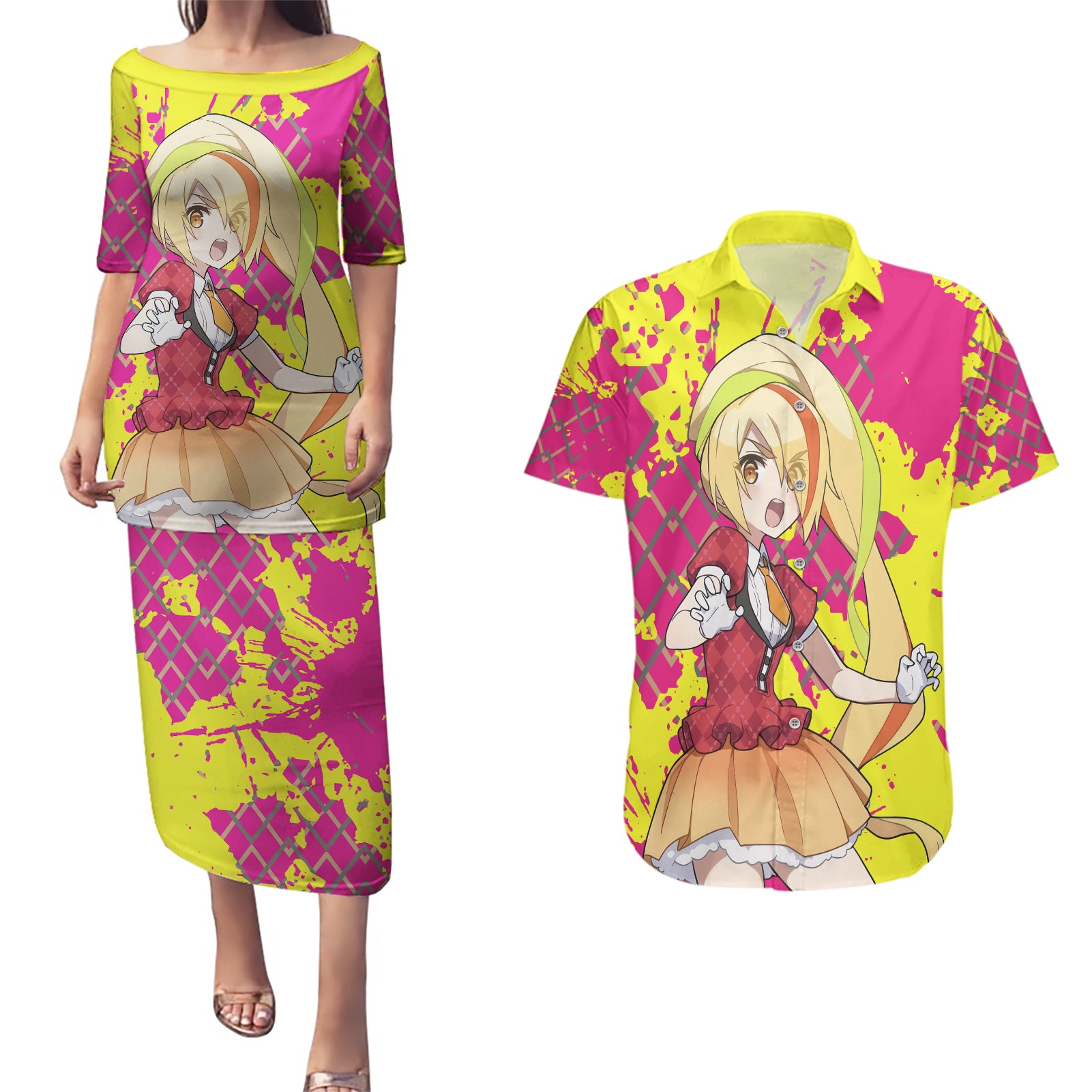 Zombie Land Saga Saki Nikaido Couples Matching Puletasi and Hawaiian Shirt Anime Style