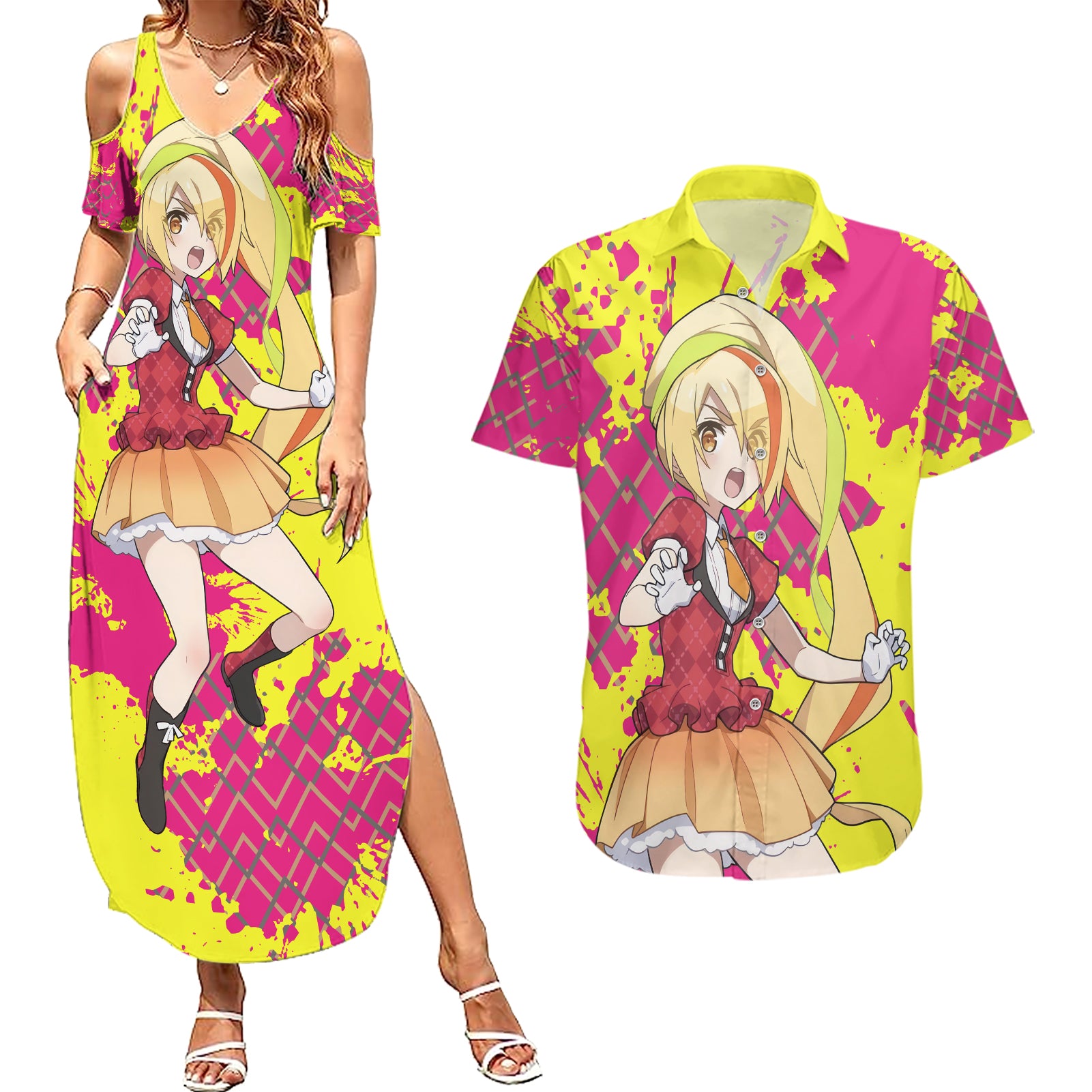 Zombie Land Saga Saki Nikaido Couples Matching Summer Maxi Dress and Hawaiian Shirt Anime Style