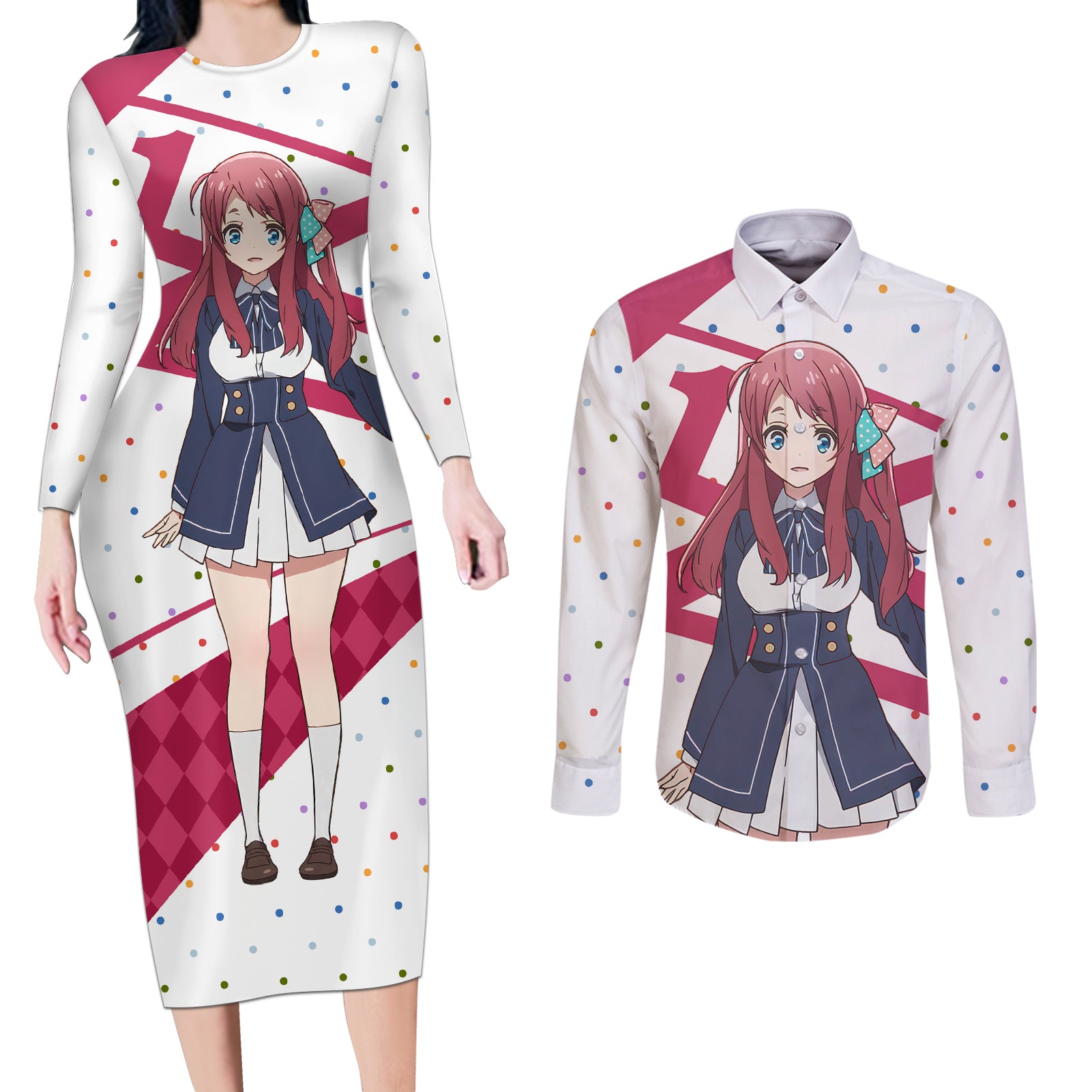 Zombie Land Saga Sakura Minamoto Couples Matching Long Sleeve Bodycon Dress and Long Sleeve Button Shirt Anime Style